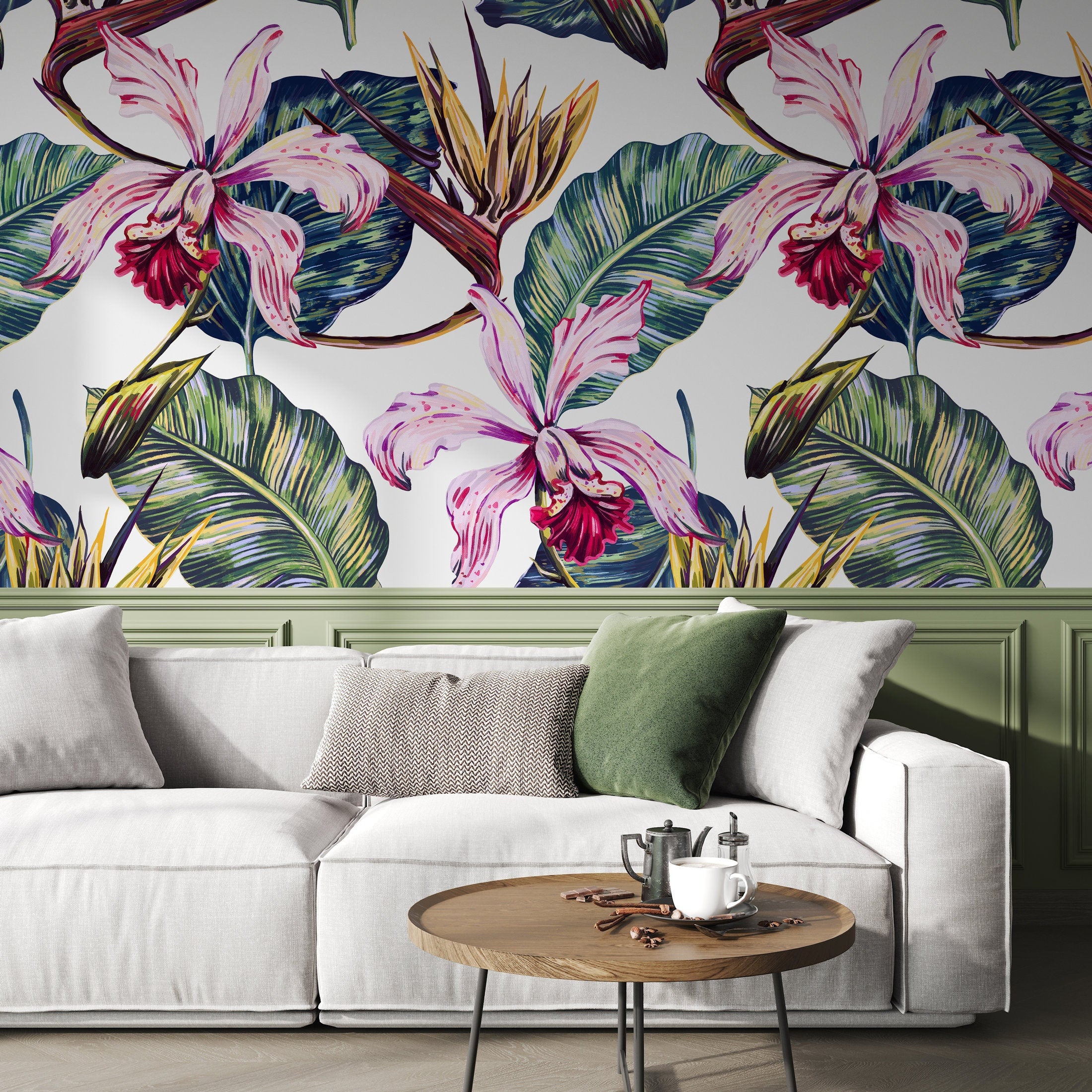 Botanical Wallpaper With Painted Orchids And Banana Leaves In Pink And Green - A584