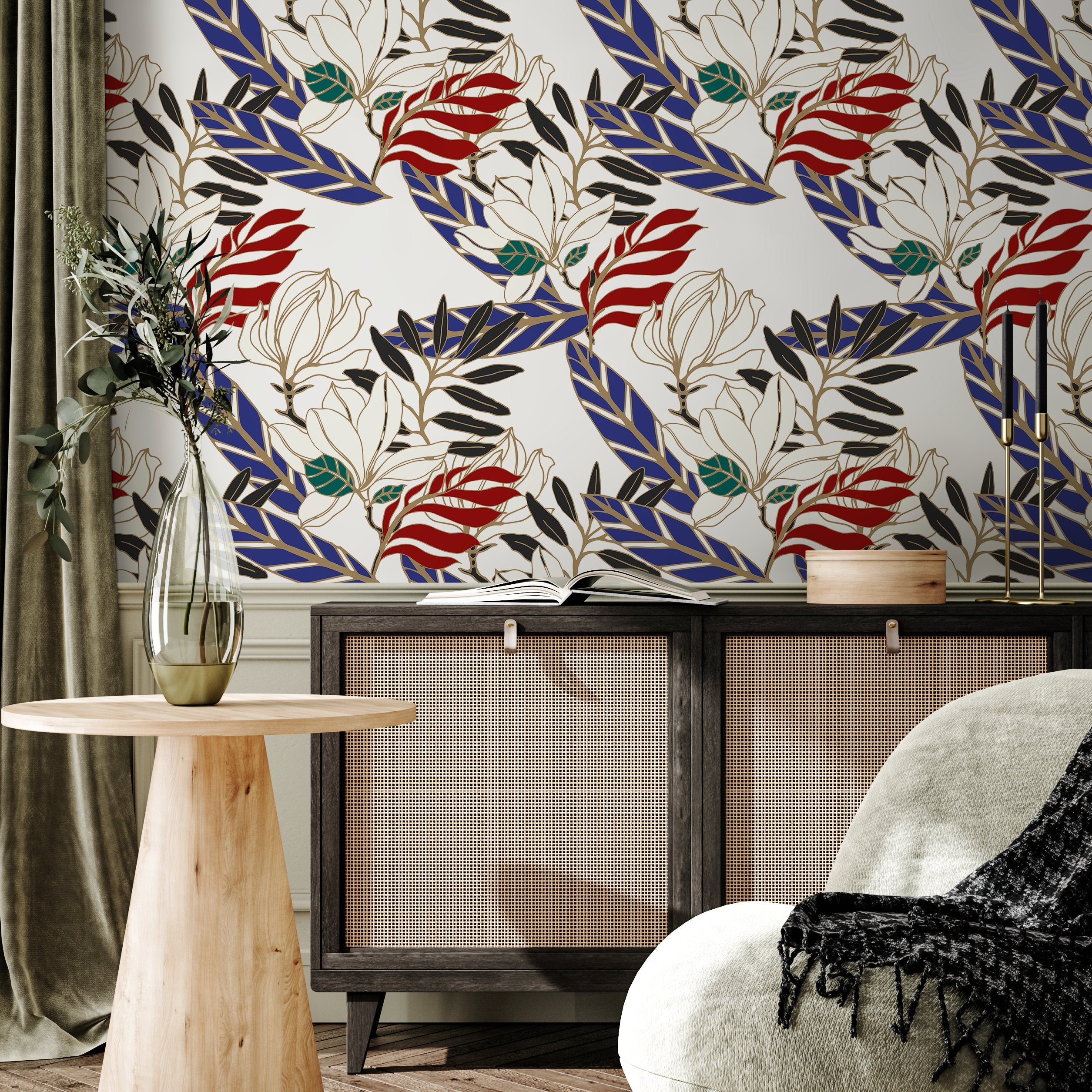 Floral Wallpaper With A Bold Botanical Print In Blue, Red, Black, And Gold - B321
