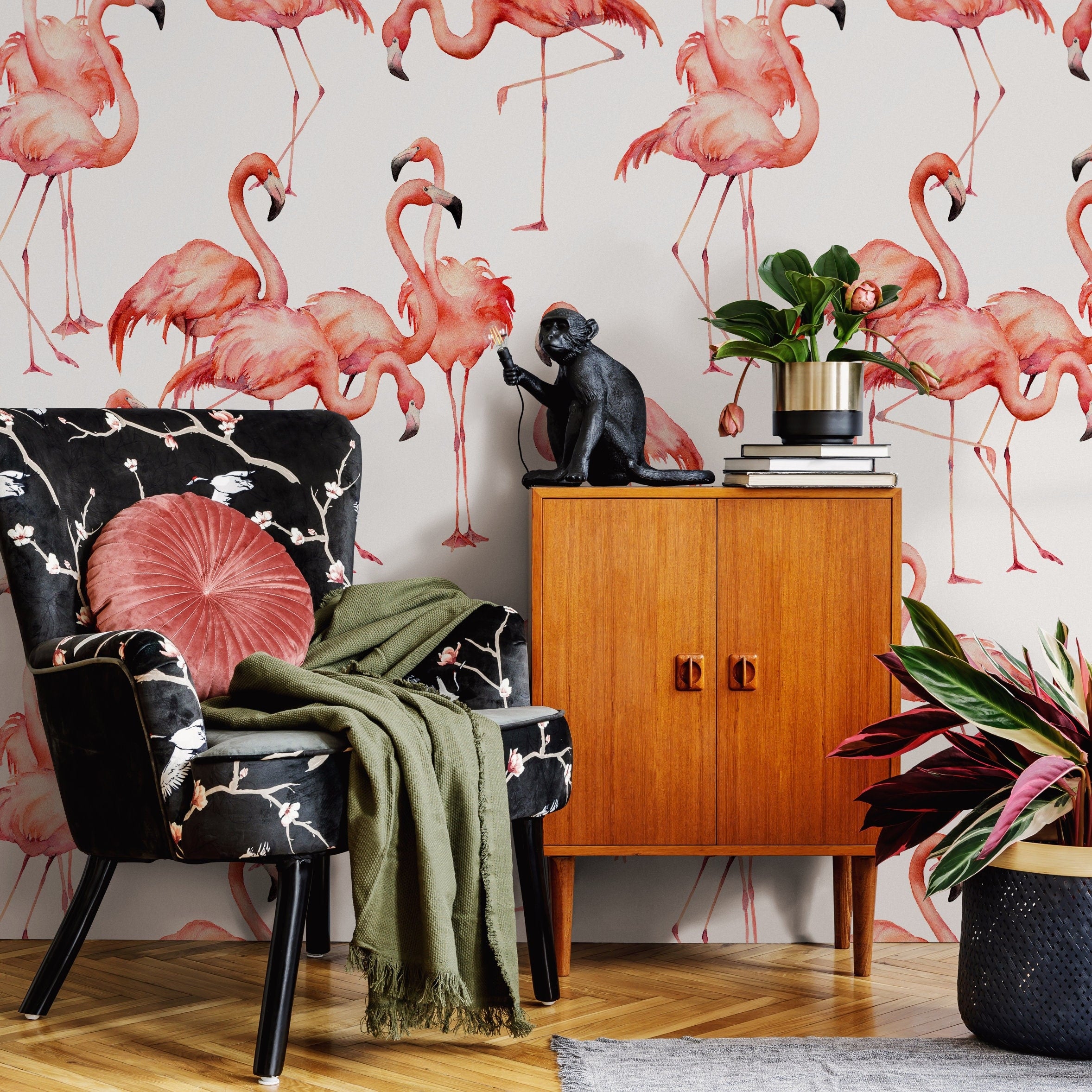Animal Wallpaper With A Watercolor Flamingo Motif In Pink - B323