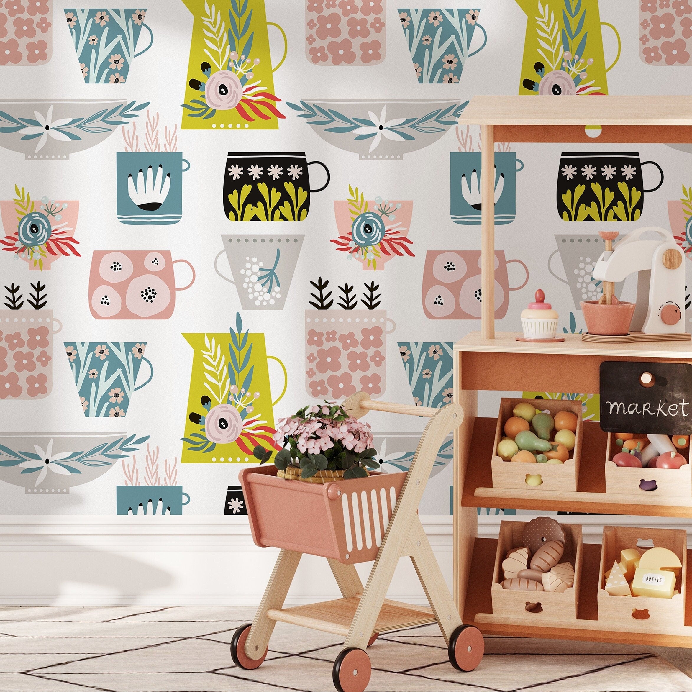 Scandinavian Wallpaper Featuring Whimsical Kitchenware In Teal, Pink, And Green - B328