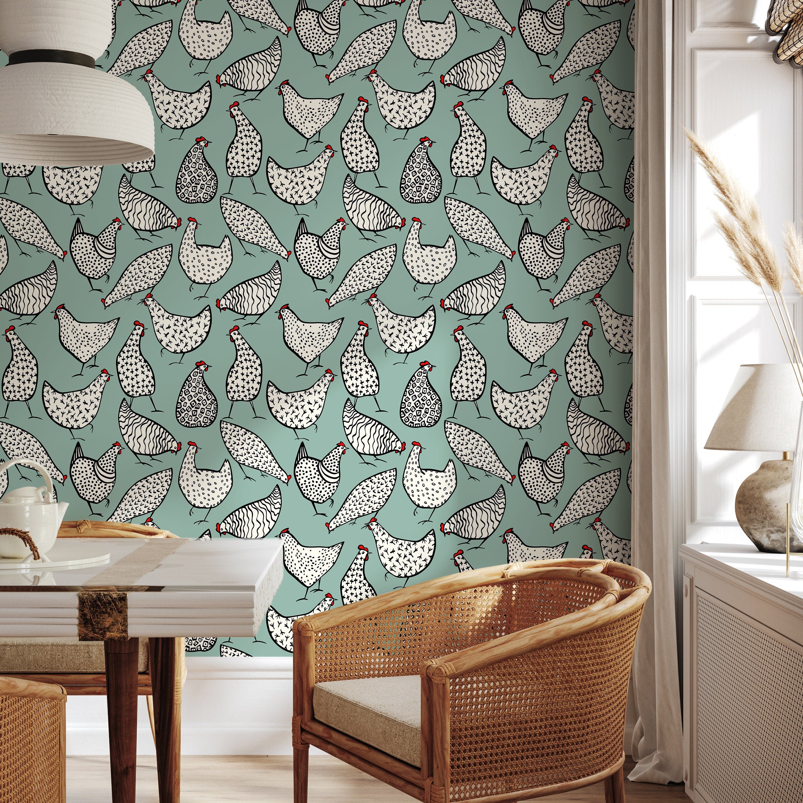 Animal Wallpaper Featuring Stylized Chickens In Sage Green, Black, And Red - B330
