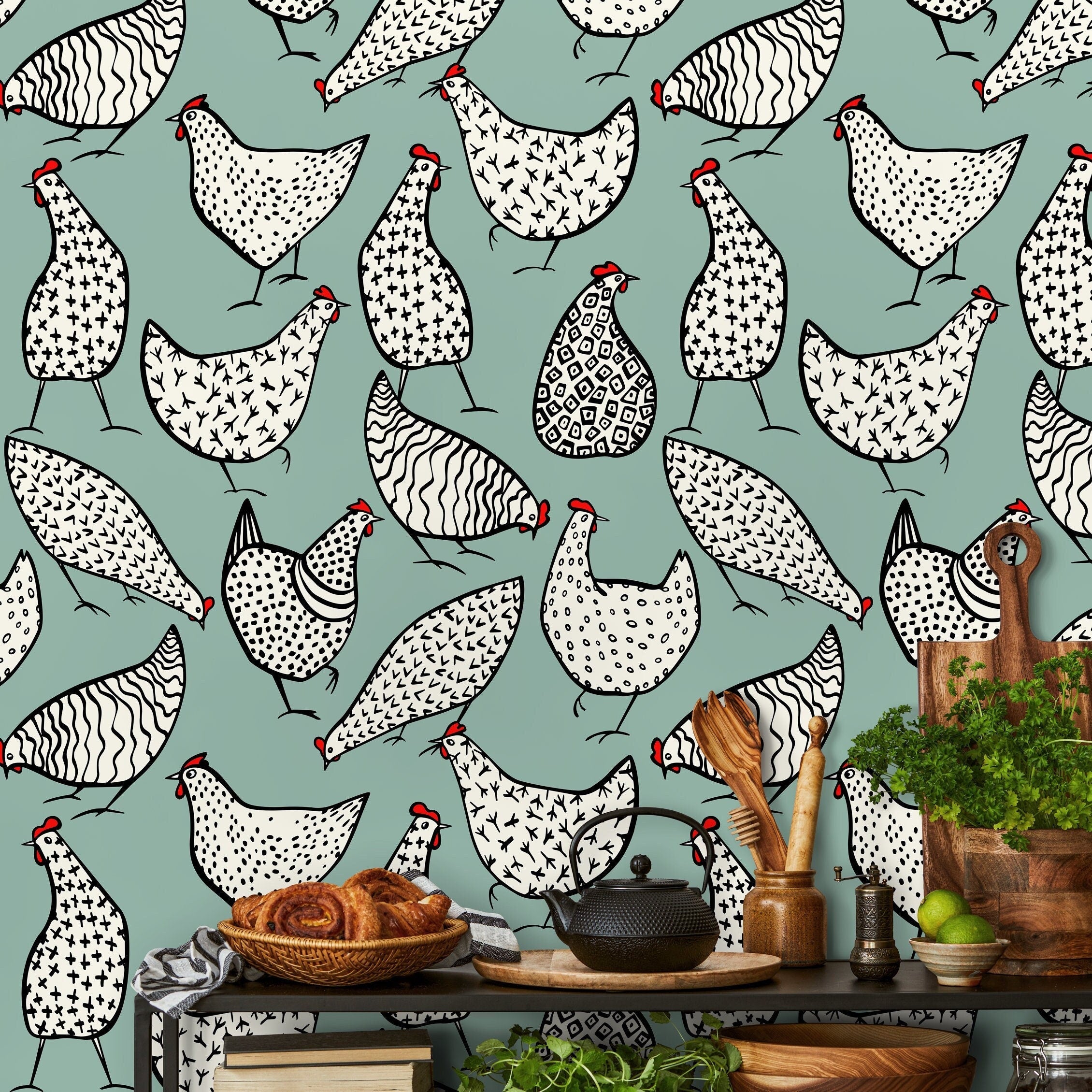 Animal Wallpaper Featuring Stylized Chickens In Sage Green, Black, And Red - B330