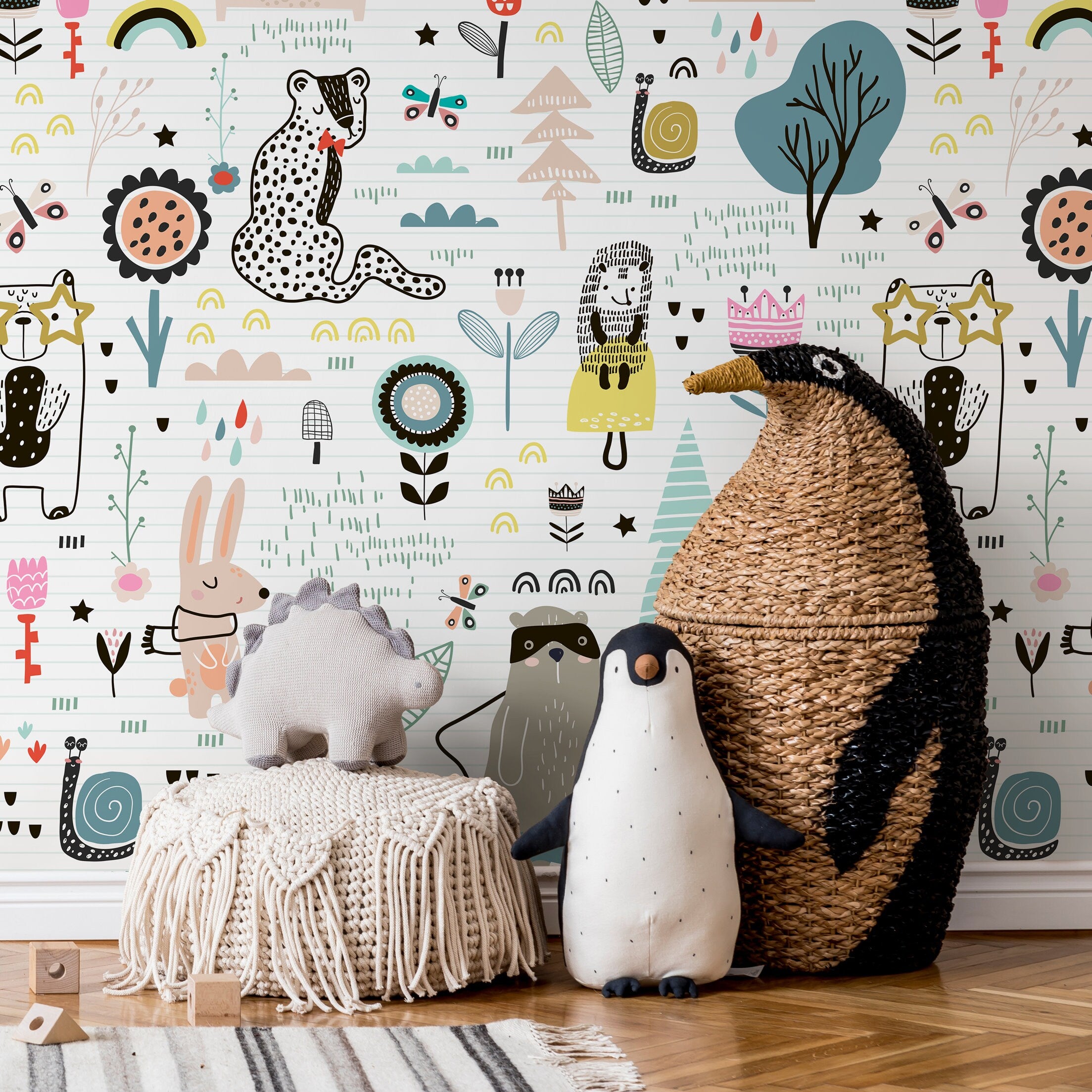 Kids Wallpaper With Whimsical Woodland Animals In Teal, Pink, And Yellow - B331