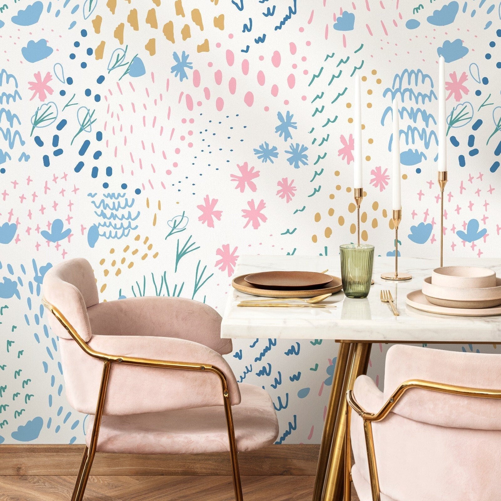 Abstract Wallpaper With Whimsical Doodles In Pink, Blue, And Gold - B412
