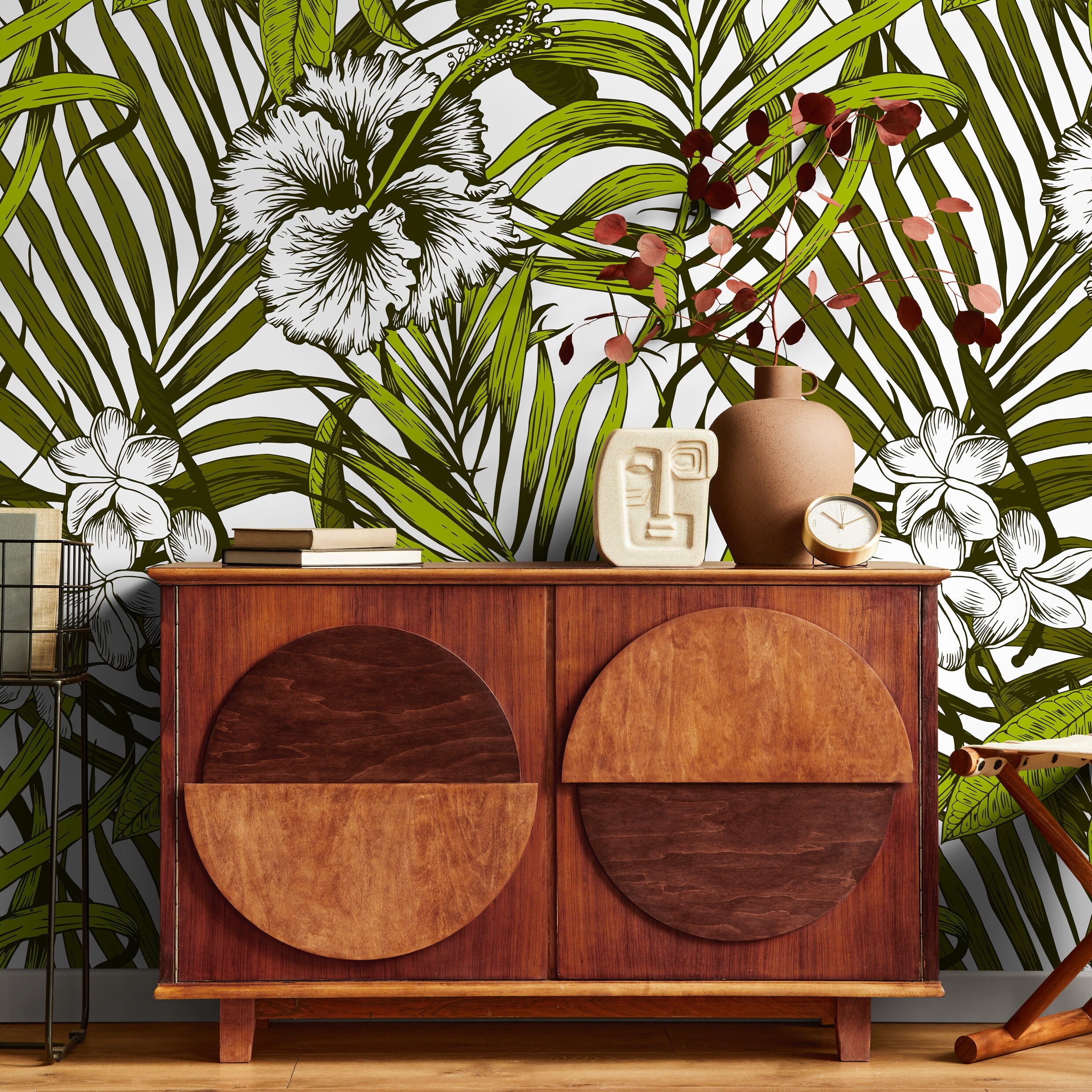 Tropical Wallpaper With Palm Leaves And Hibiscus Flowers In Green And Black - B420