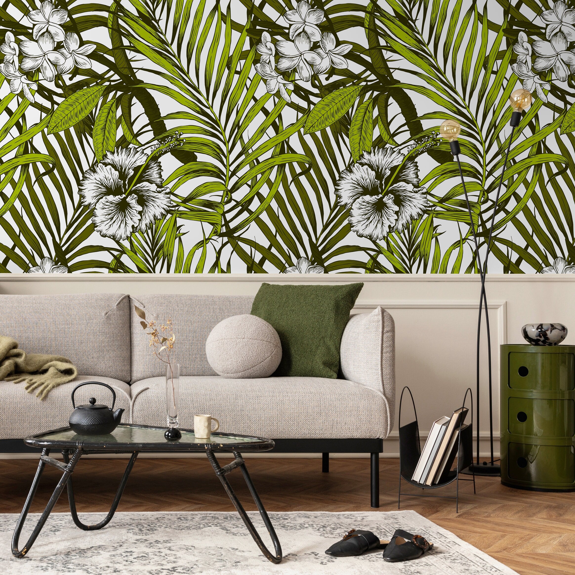 Tropical Wallpaper With Palm Leaves And Hibiscus Flowers In Green And Black - B420