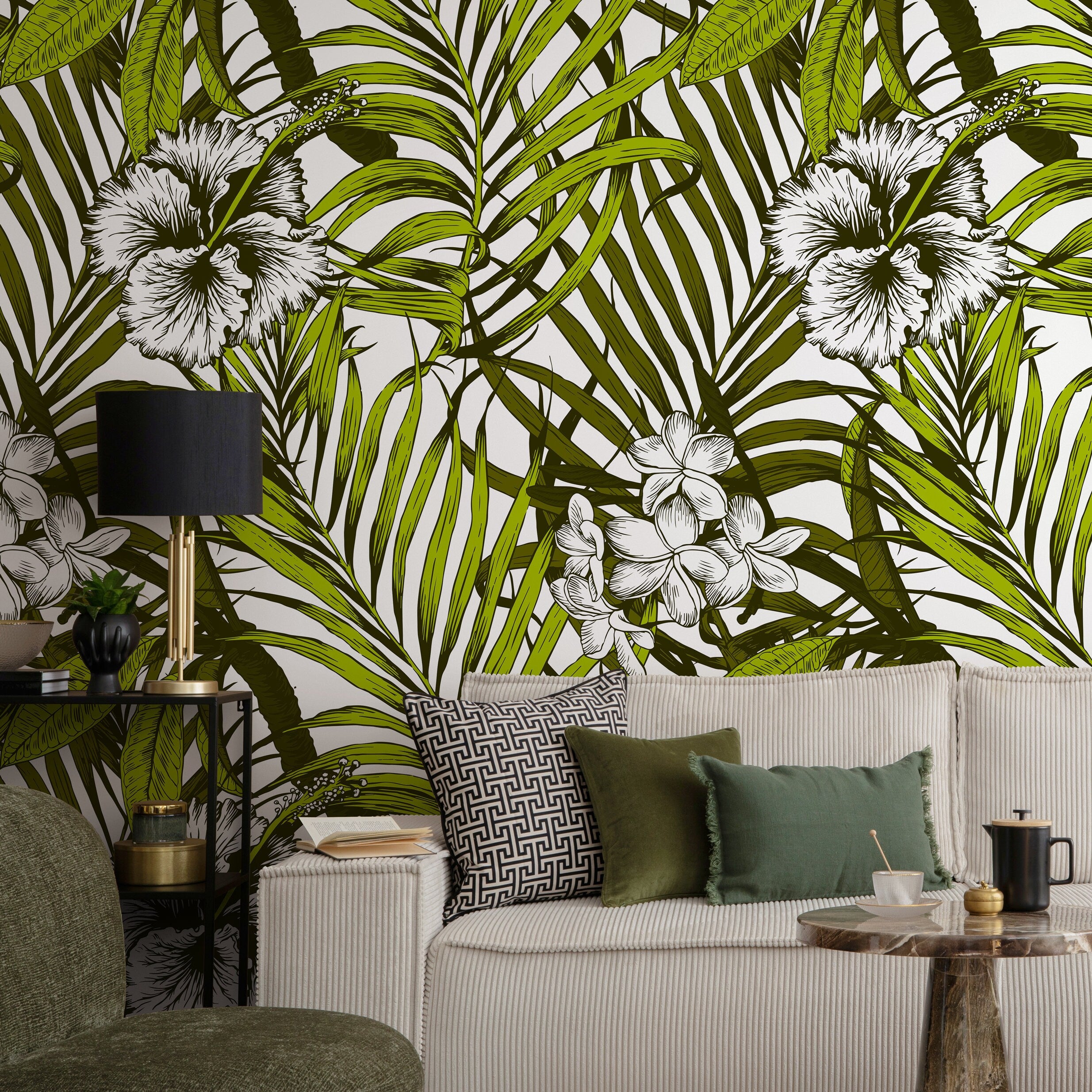 Tropical Wallpaper With Palm Leaves And Hibiscus Flowers In Green And Black - B420