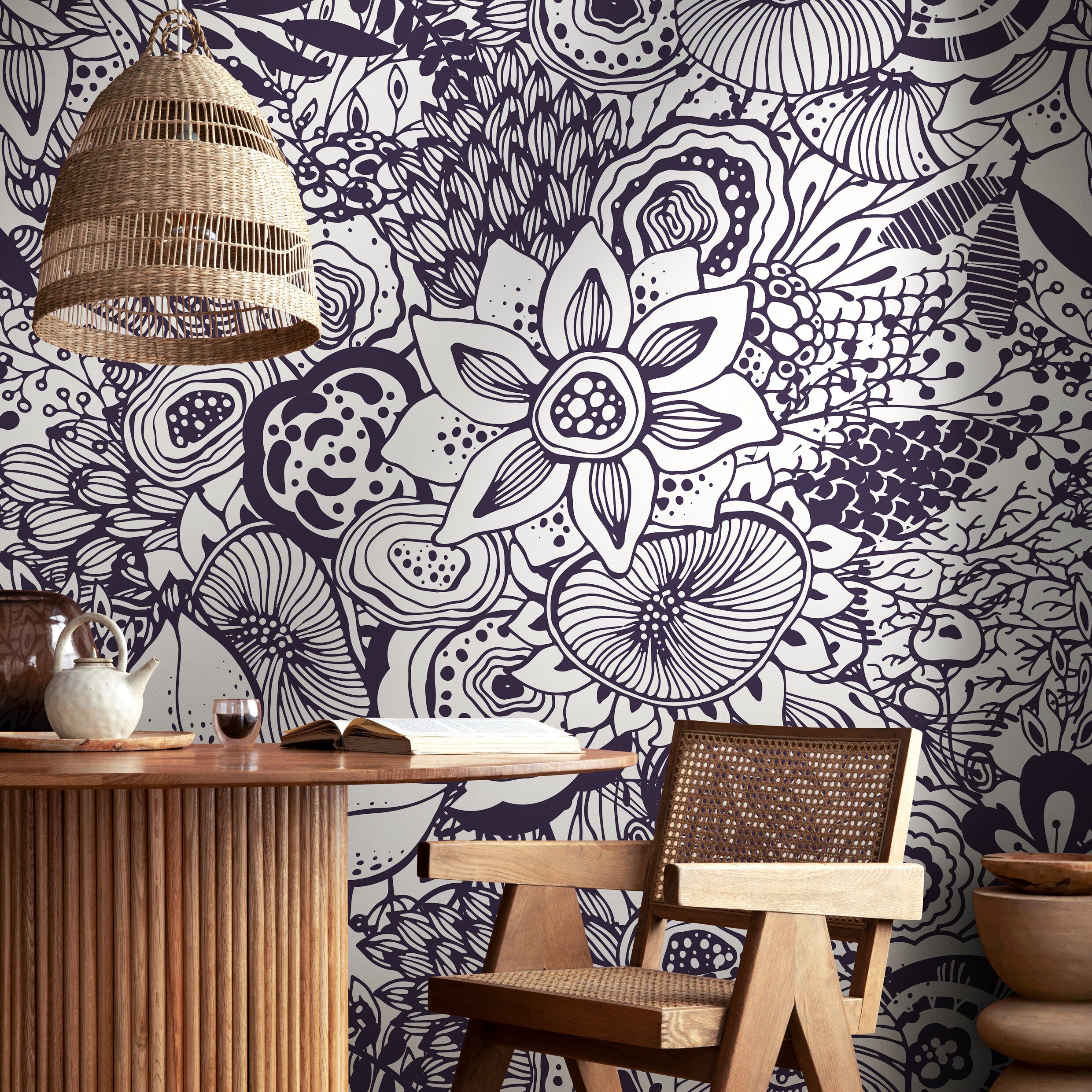 Abstract Floral Wallpaper With A Bold Line Art Motif In Dark Blue - B421