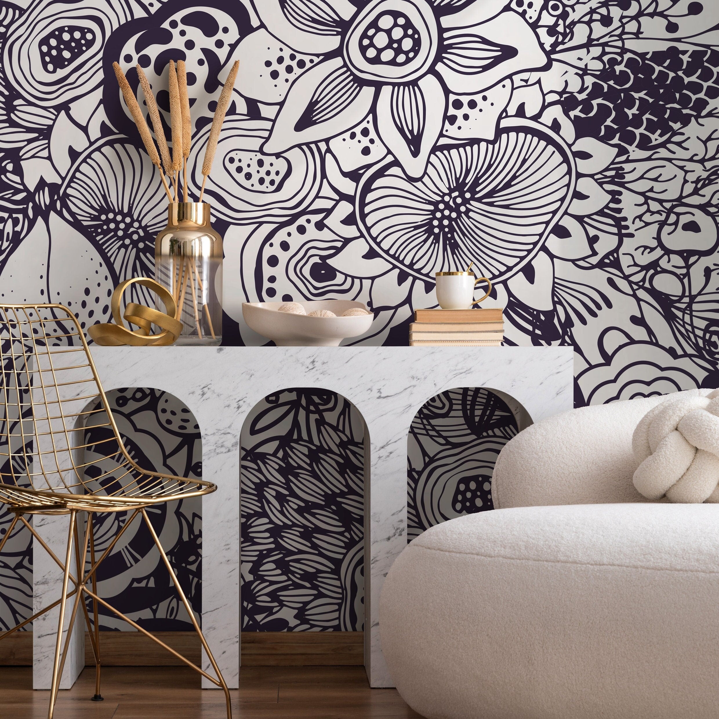 Abstract Floral Wallpaper With A Bold Line Art Motif In Dark Blue - B421