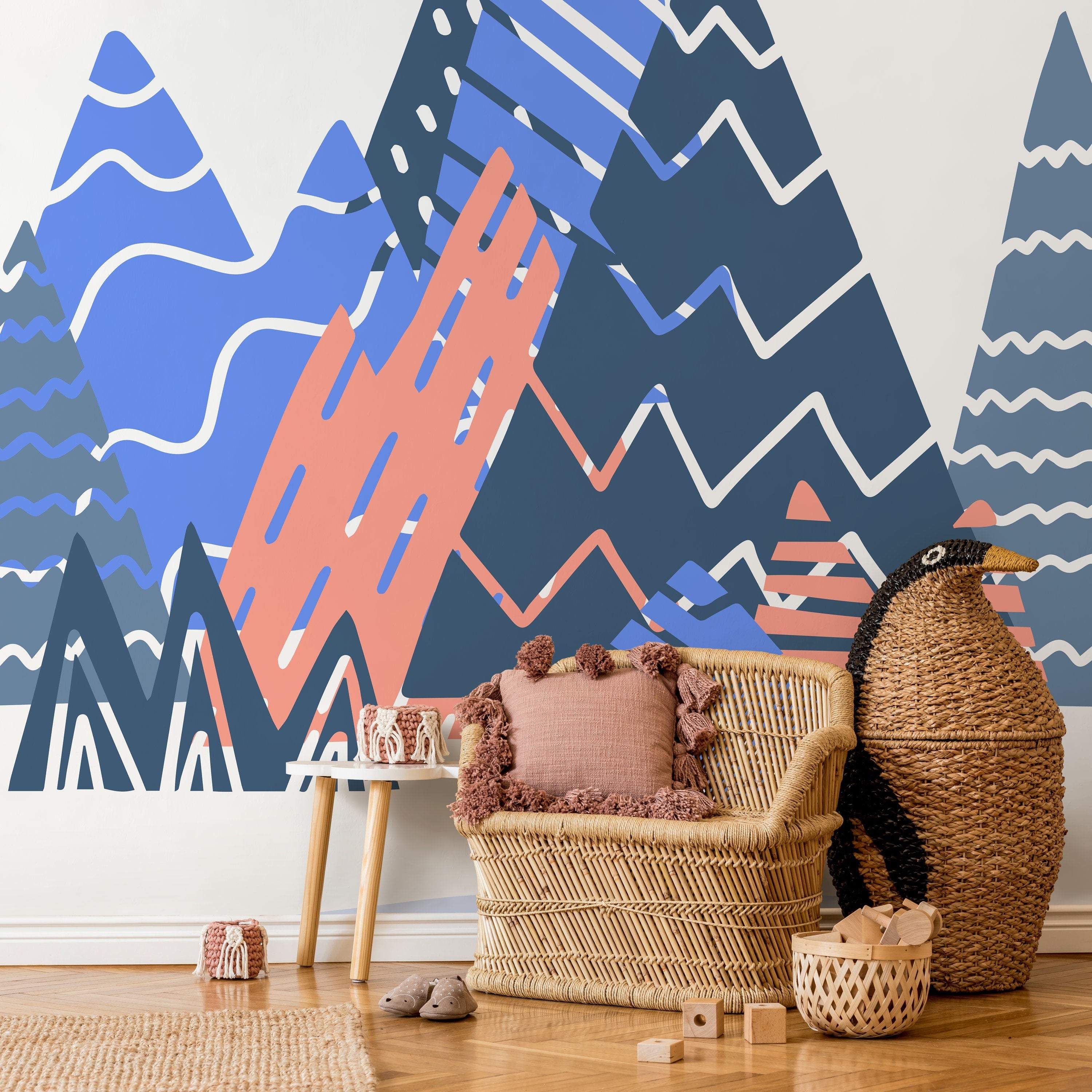 Abstract Wallpaper With A Stylized Mountain Range In Blue, Coral, And Navy - A950