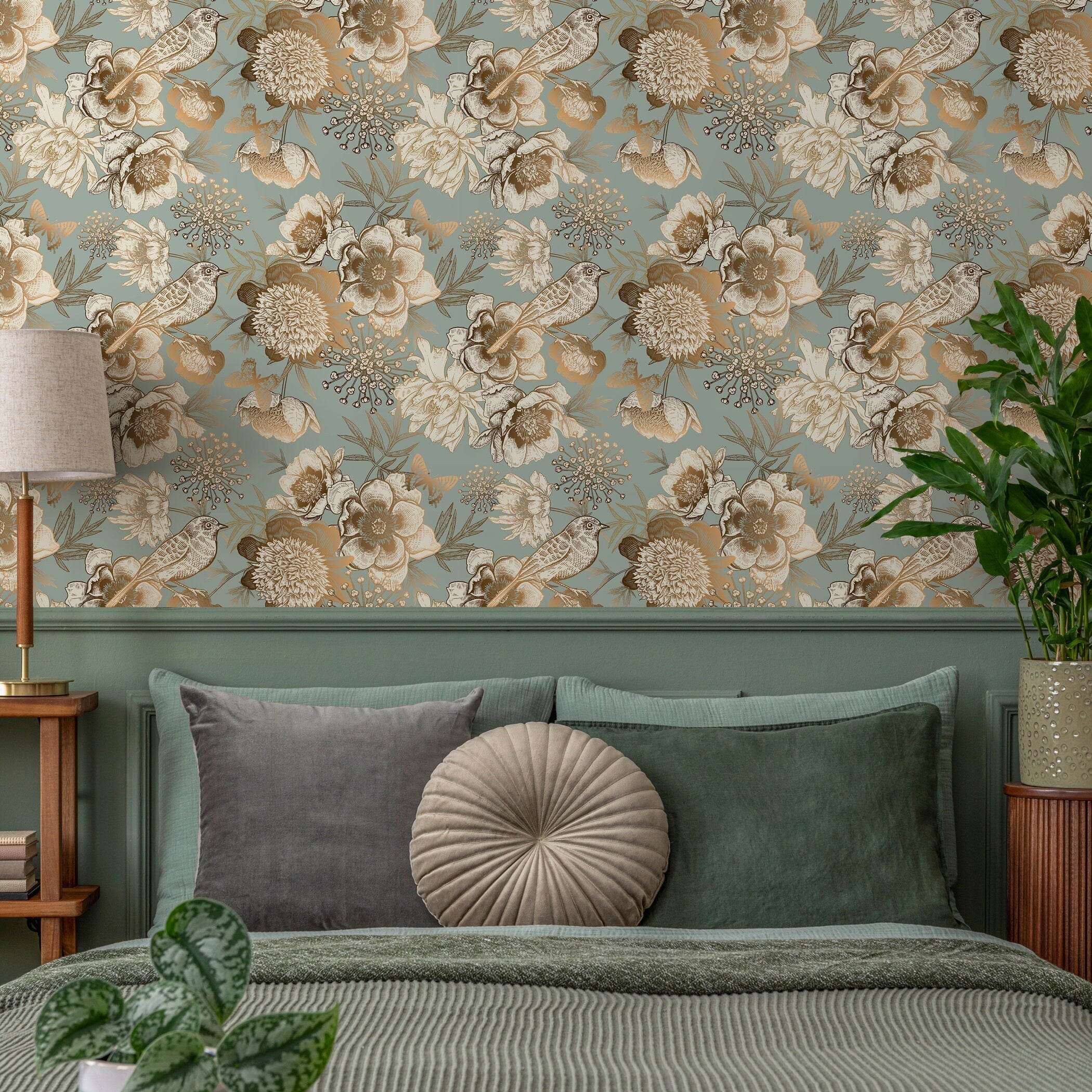 Vintage Wallpaper With Sketched Flowers And Birds In Mint, Gold, And Ivory - A918