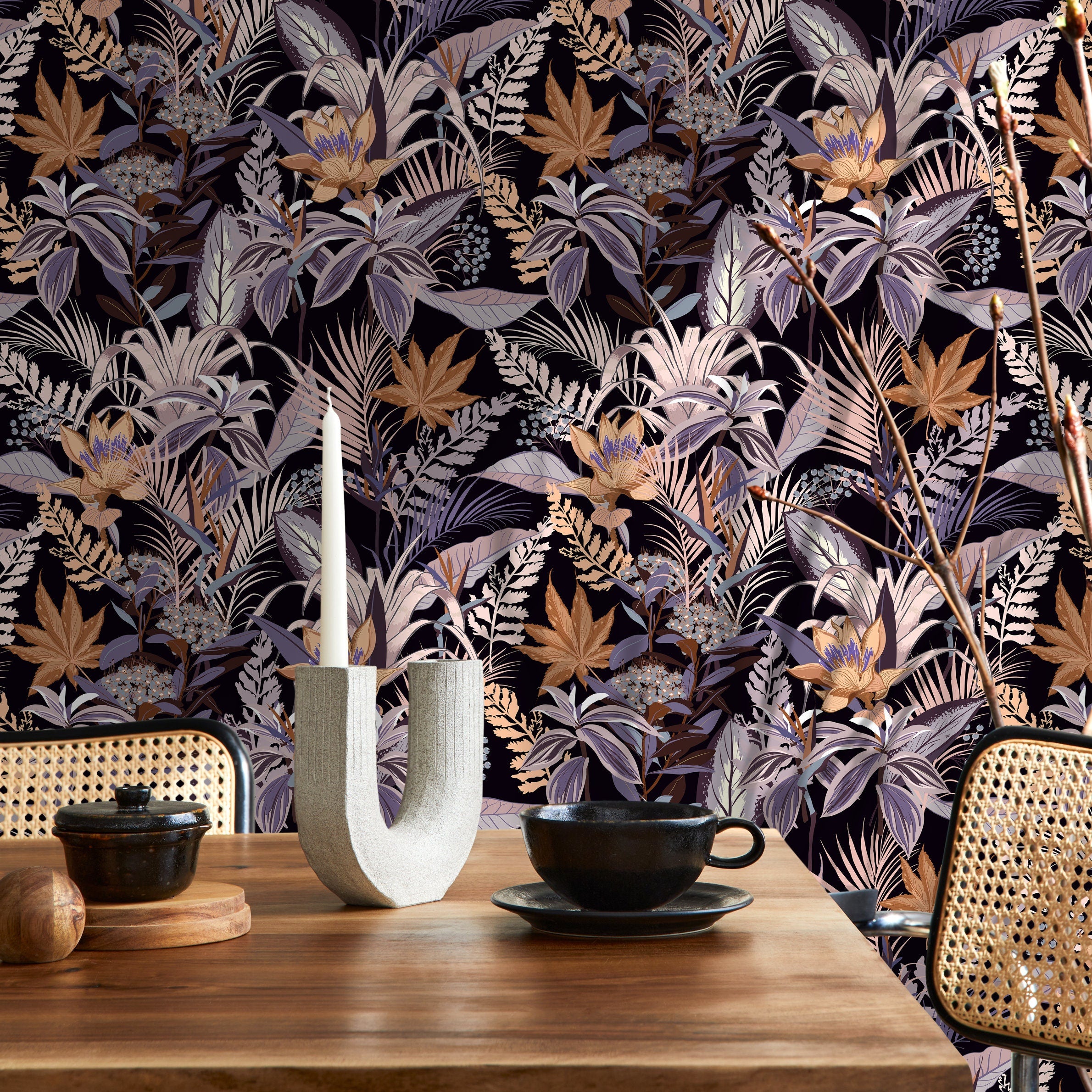 Botanical Wallpaper With Exotic Jungle Foliage In Purple, Brown, And Beige - B429