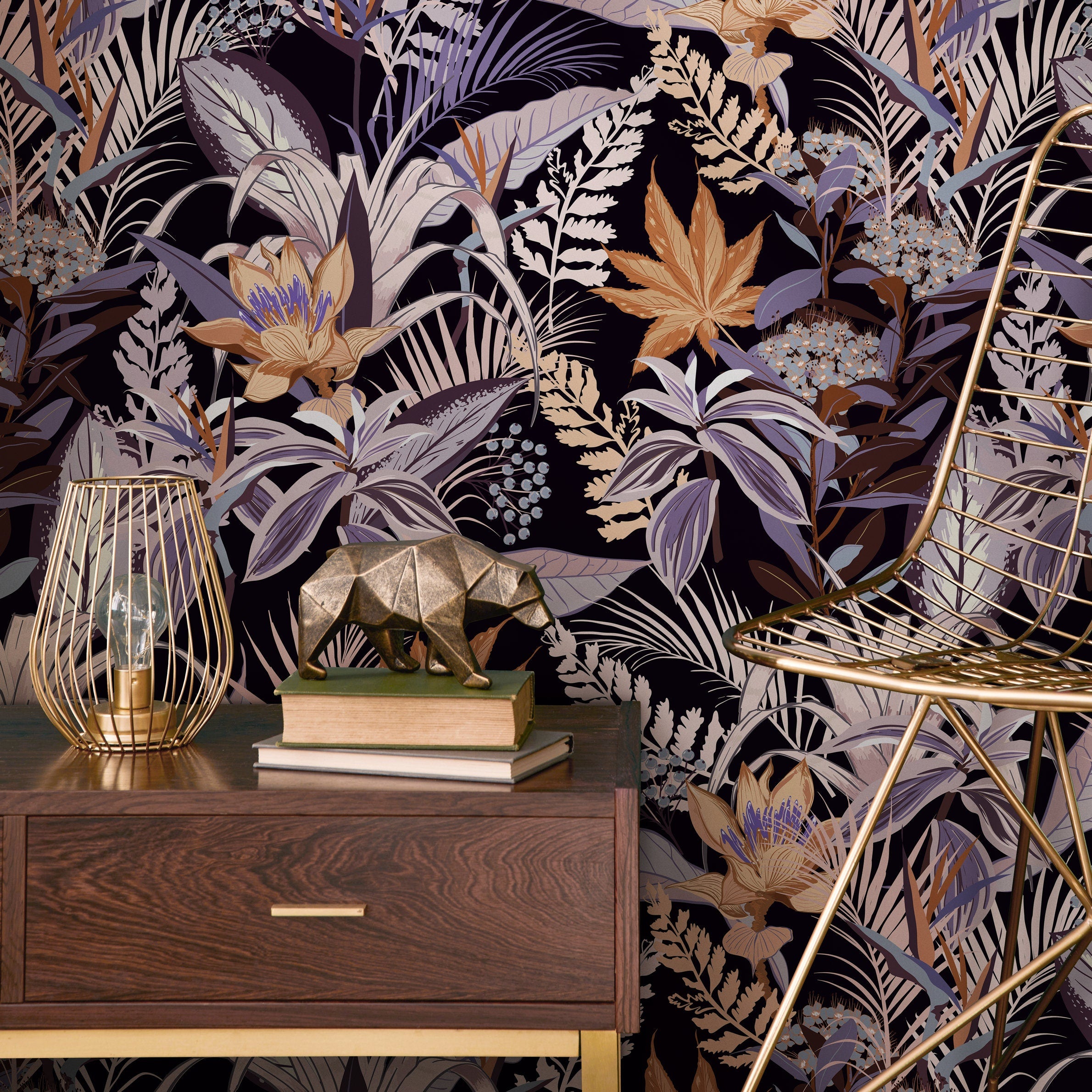 Botanical Wallpaper With Exotic Jungle Foliage In Purple, Brown, And Beige - B429