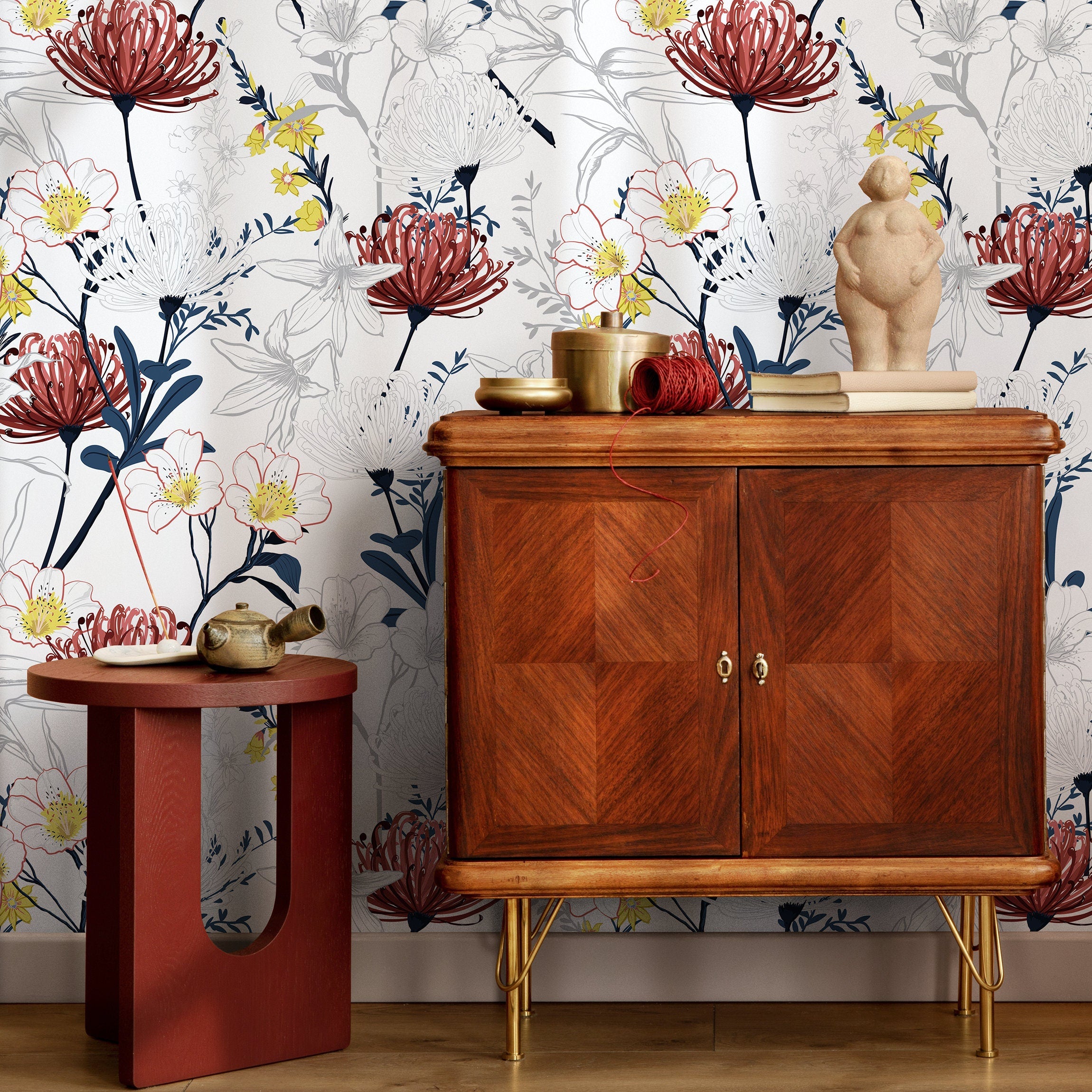 Floral Wallpaper With Outlined Tropical Blooms In Red, Blue, And Yellow - B432