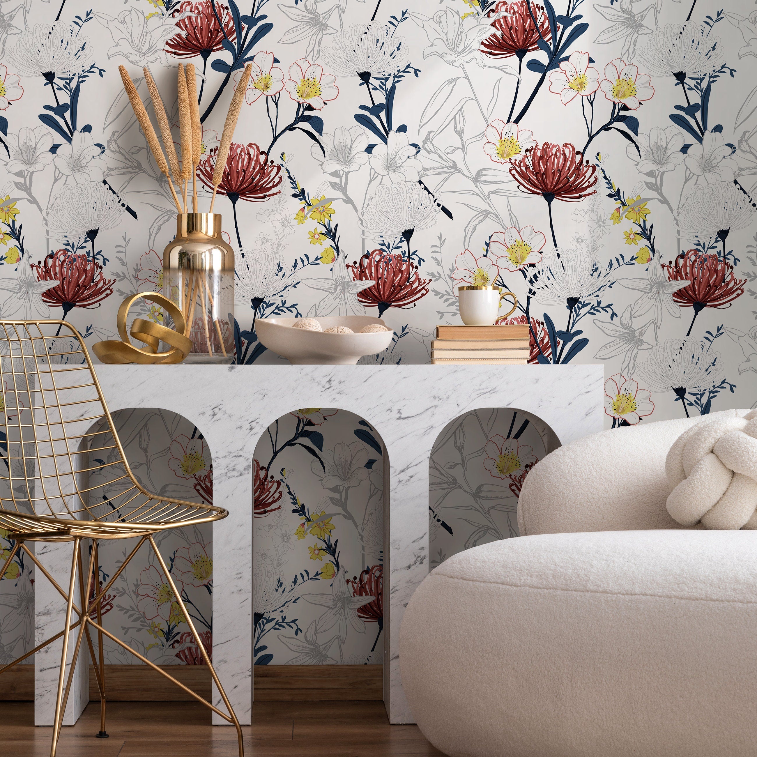 Floral Wallpaper With Outlined Tropical Blooms In Red, Blue, And Yellow - B432