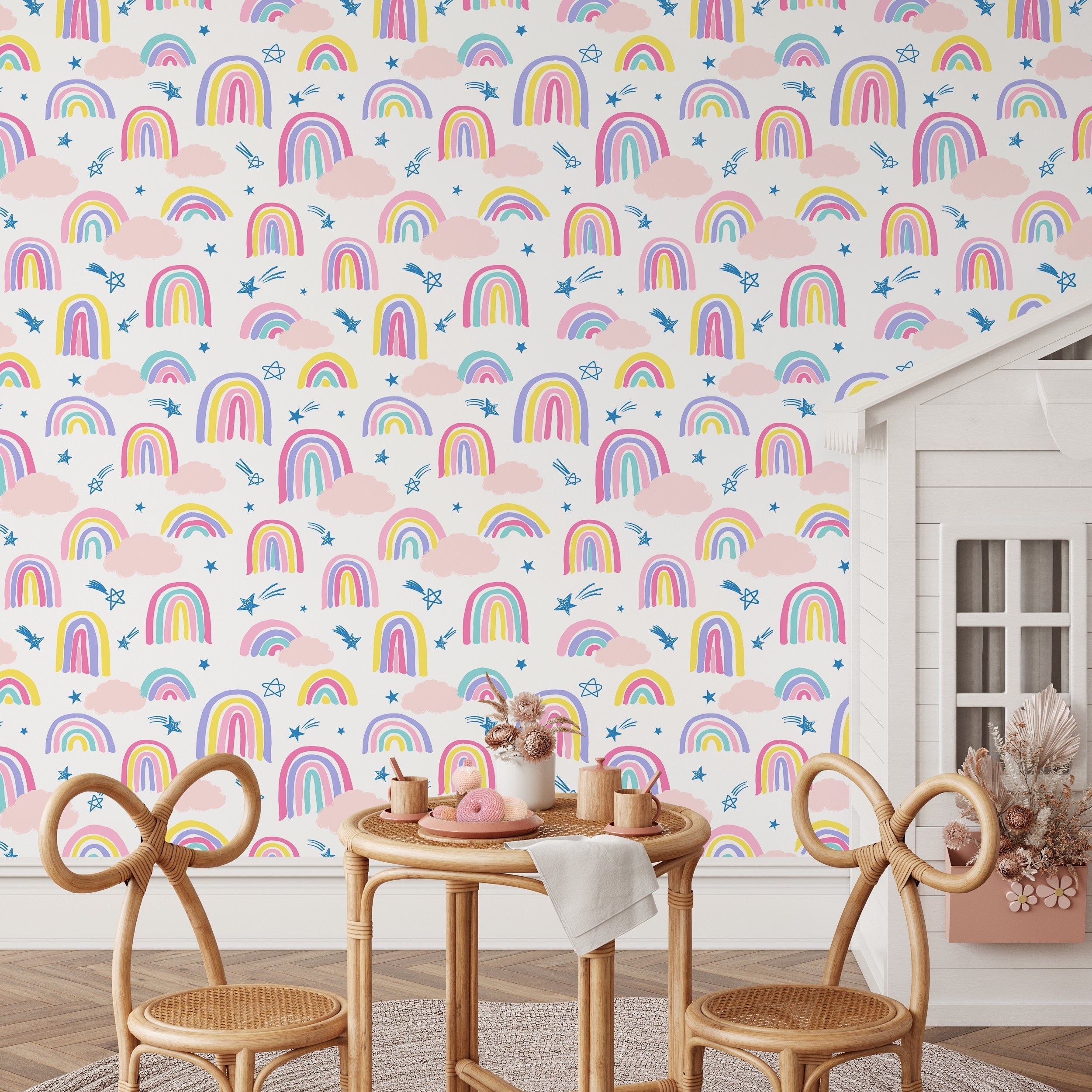 Kids Wallpaper With Hand-drawn Rainbows And Stars In Pink, Yellow, And Blue - B486