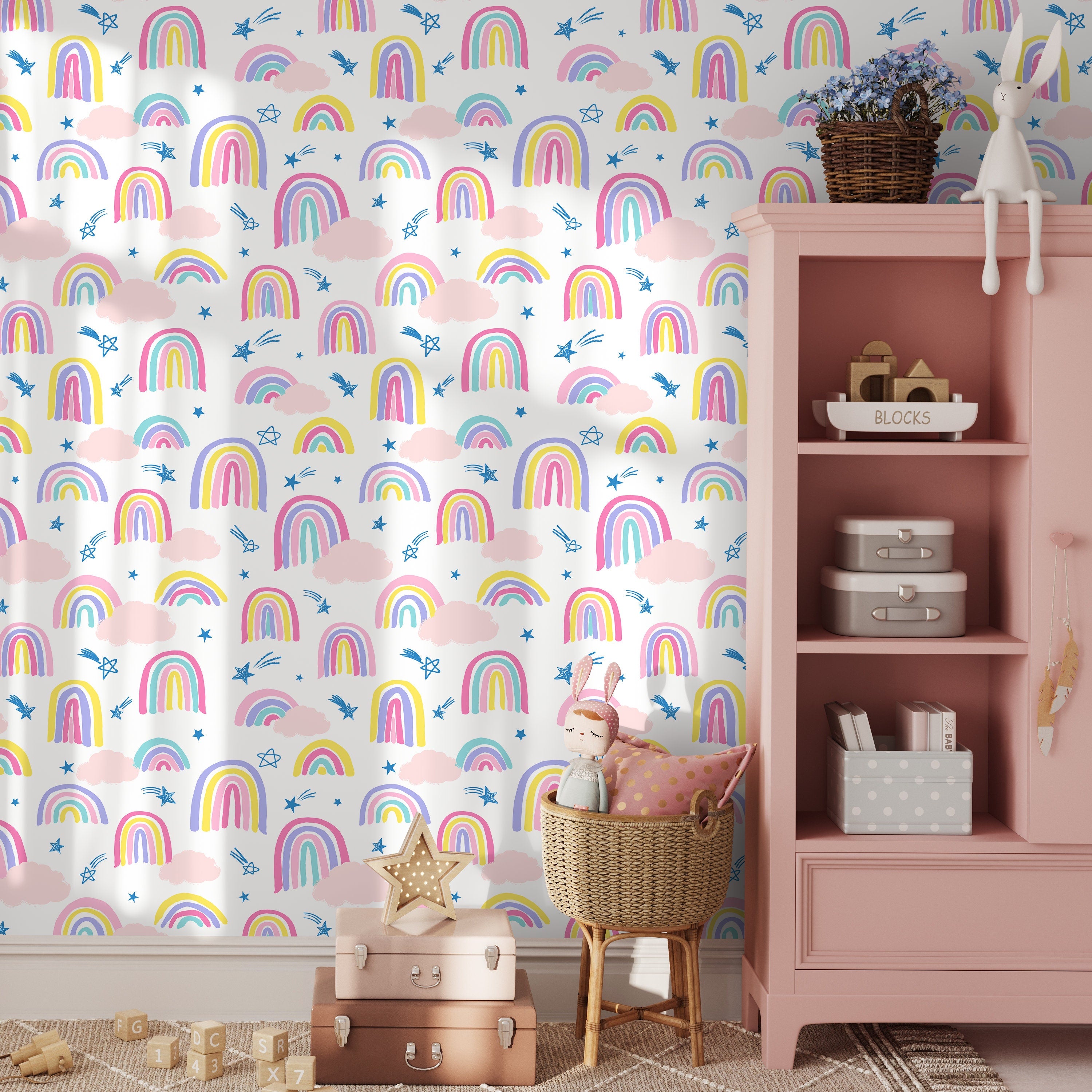 Kids Wallpaper With Hand-drawn Rainbows And Stars In Pink, Yellow, And Blue - B486