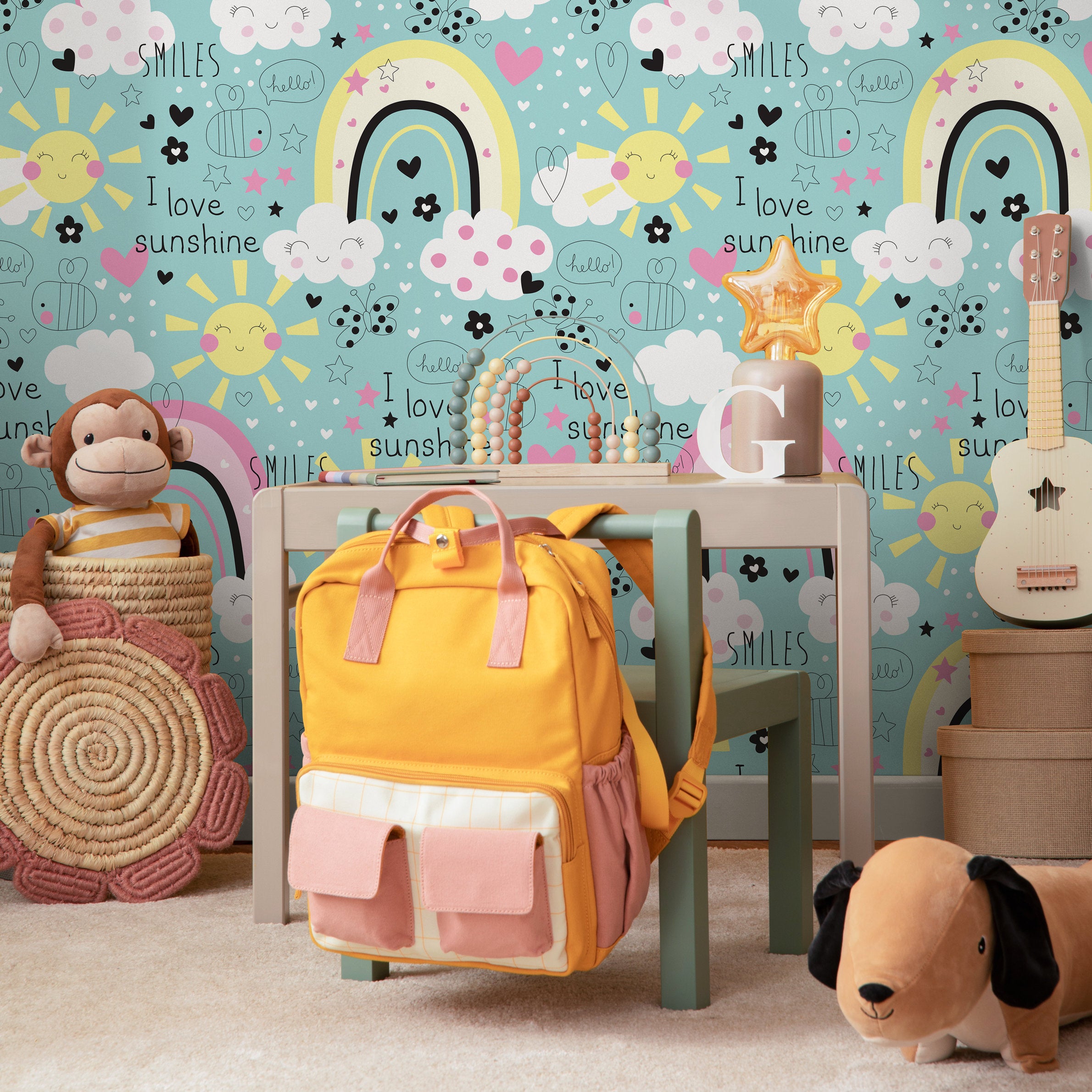 Kids Wallpaper With Sunshine And Rainbows In Pink, Yellow, And Teal - B490