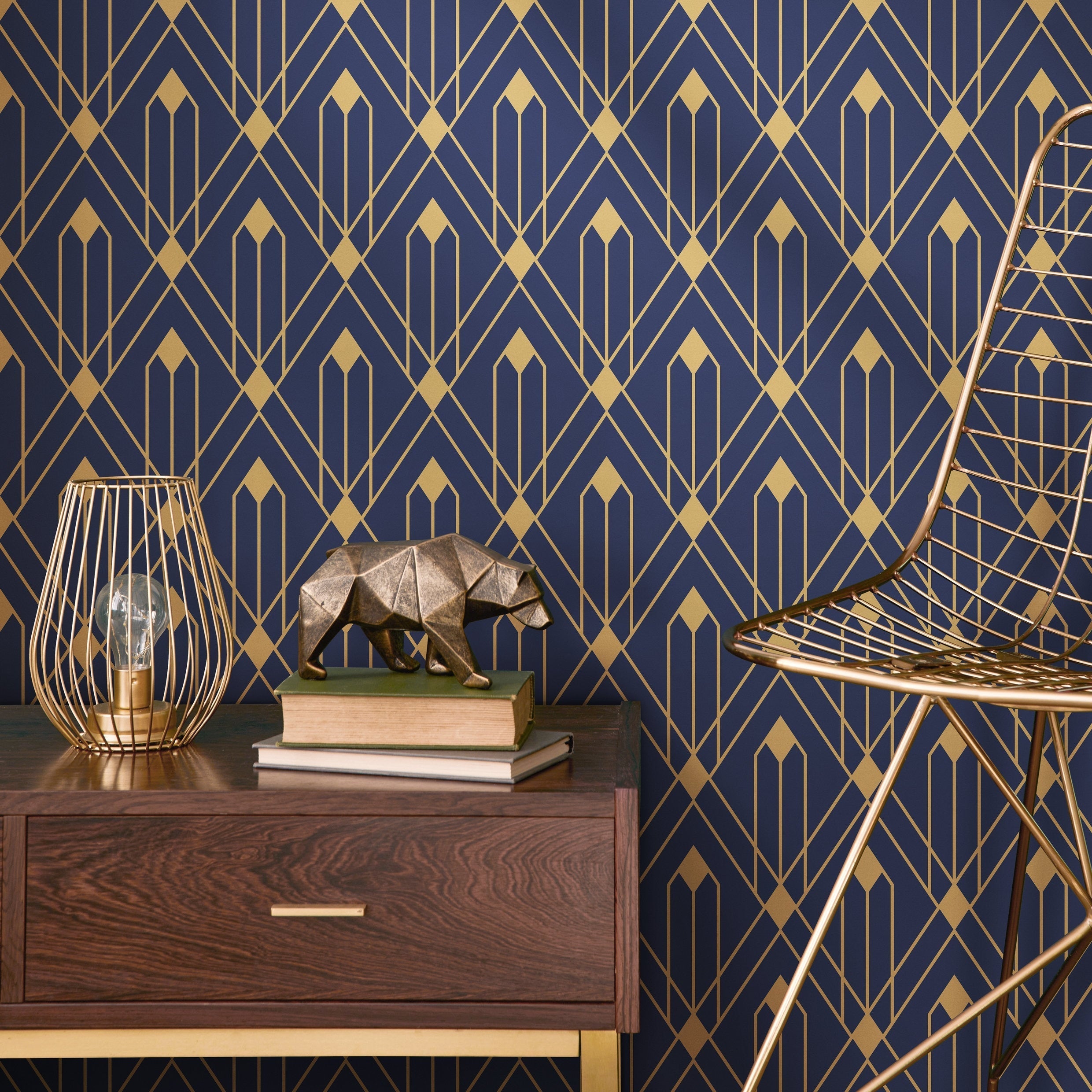 Art Deco Wallpaper With A Geometric Trellis Motif In Blue And Gold - B495