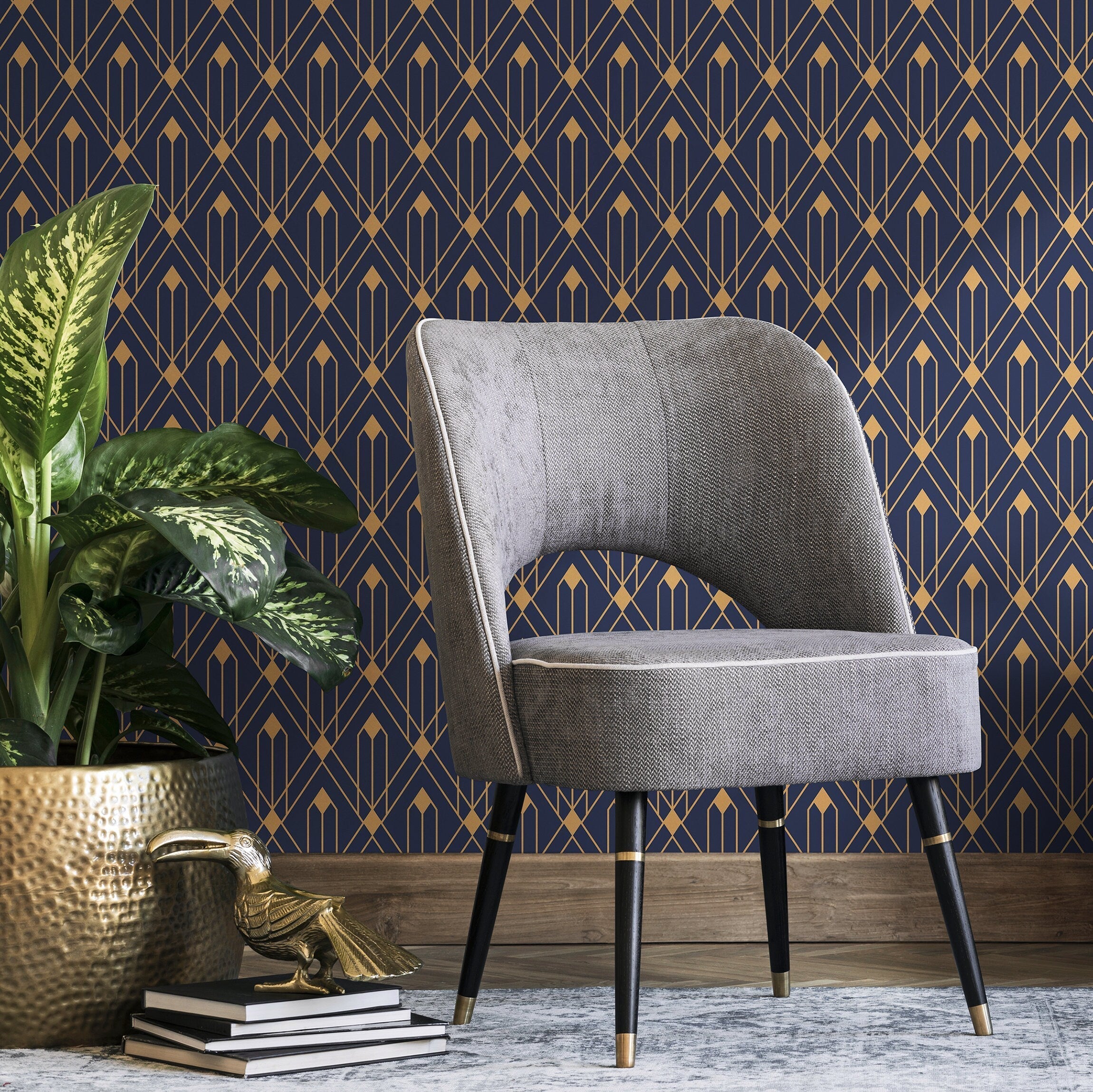 Art Deco Wallpaper With A Geometric Trellis Motif In Blue And Gold - B495