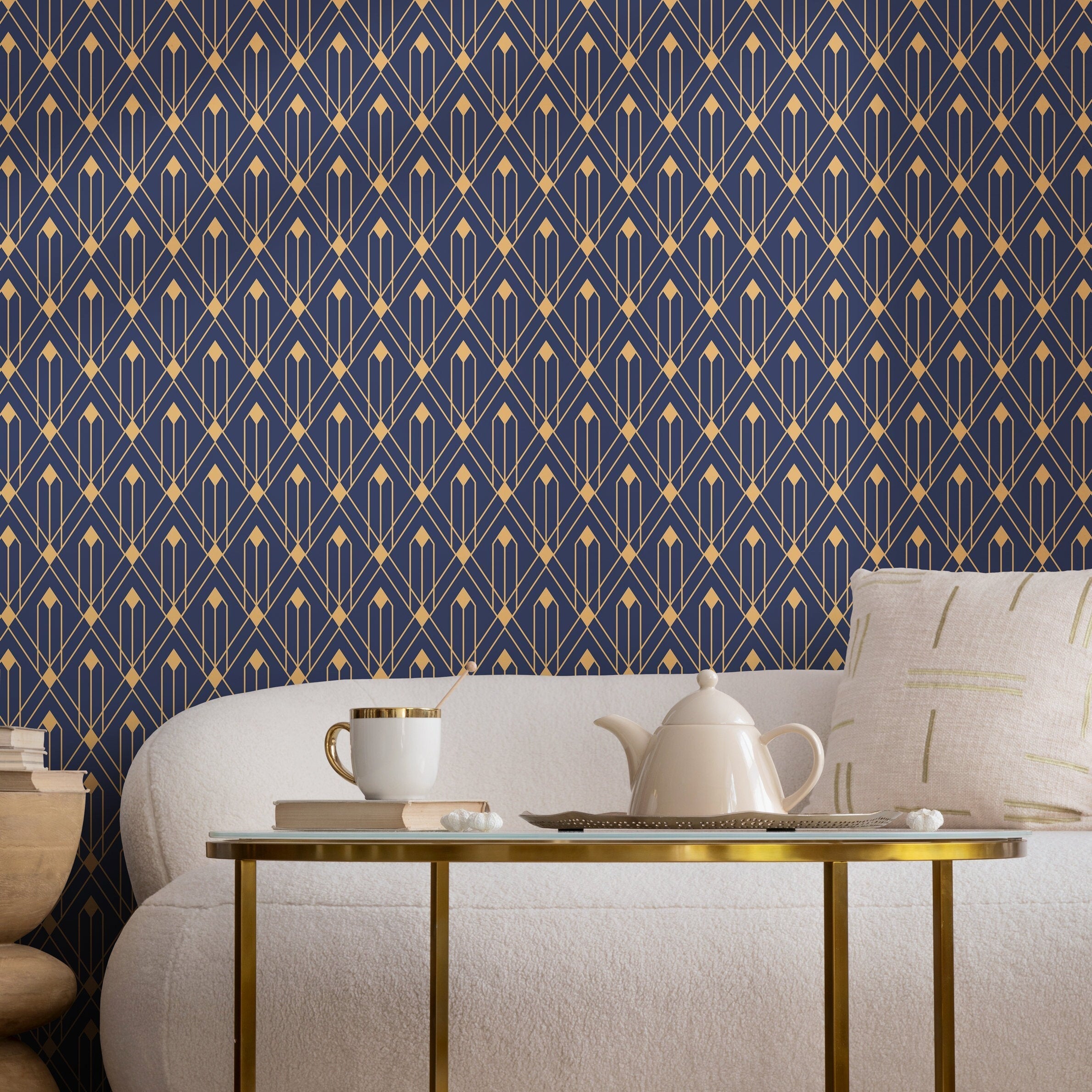 Art Deco Wallpaper With A Geometric Trellis Motif In Blue And Gold - B495