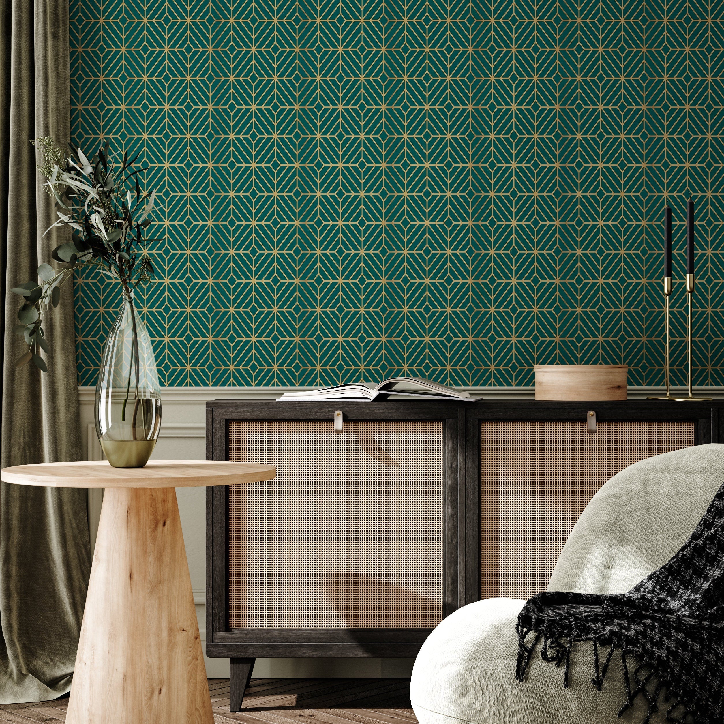 Art Deco Wallpaper With Bold Geometric Lines In Green And Yellow - B496