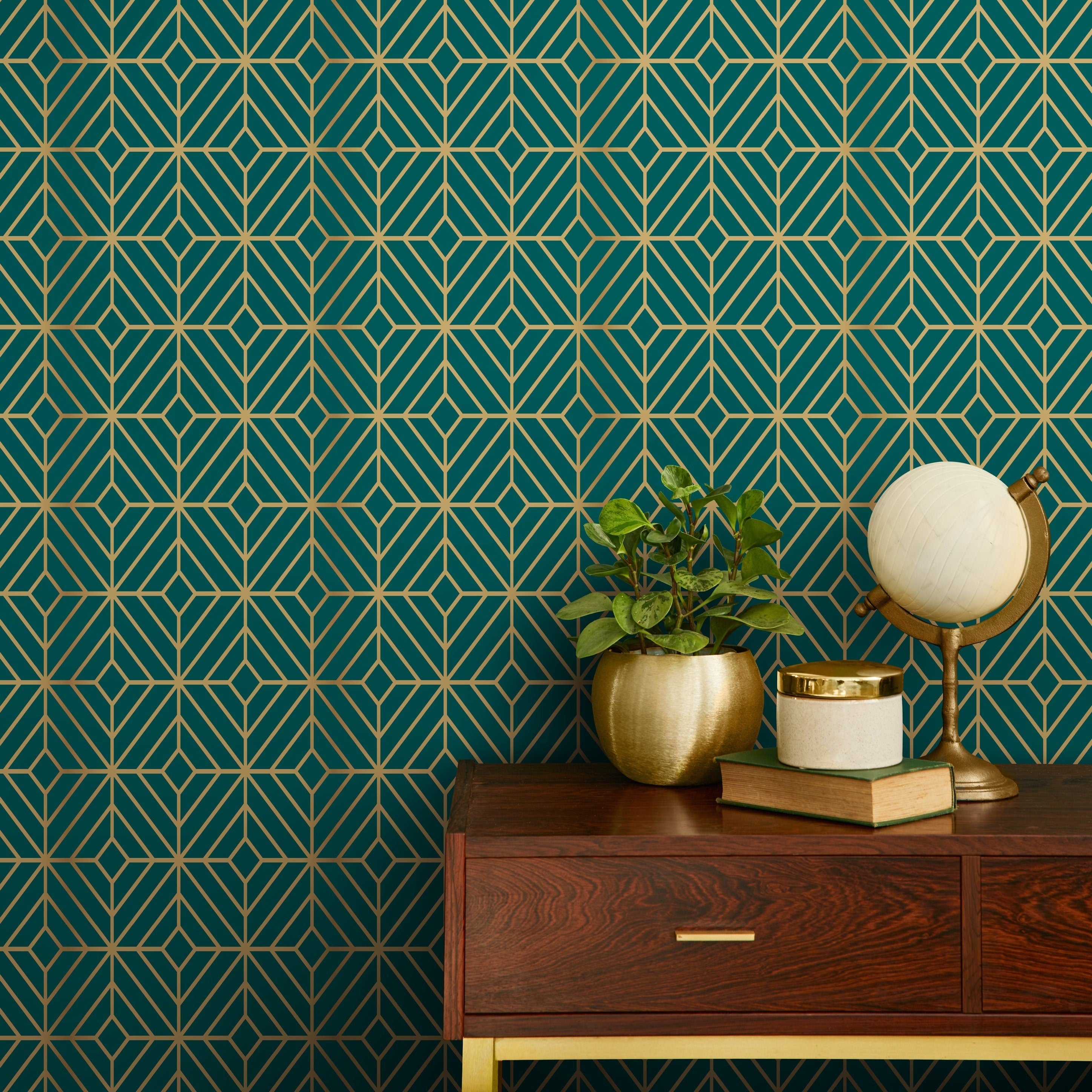 Art Deco Wallpaper With Bold Geometric Lines In Green And Yellow - B496