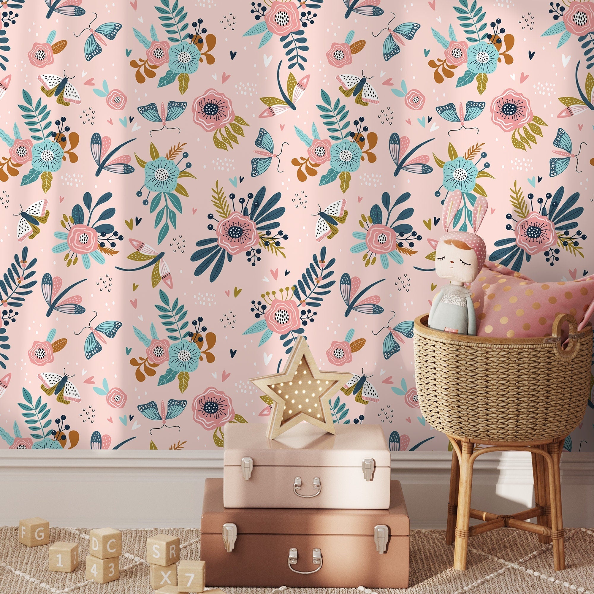 Floral Wallpaper With Butterflies And Dragonflies In Pink, Teal, And Gold - B512
