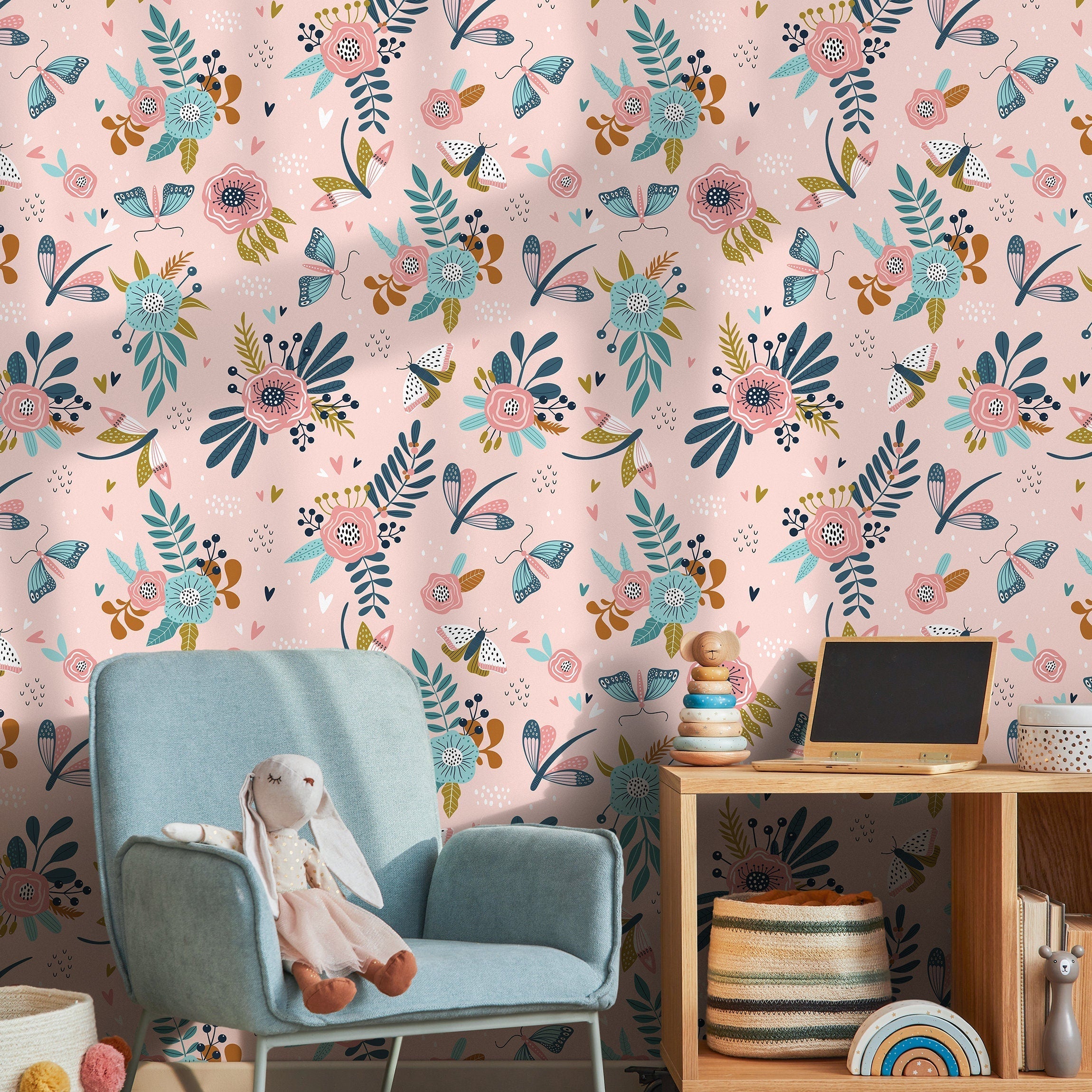 Floral Wallpaper With Butterflies And Dragonflies In Pink, Teal, And Gold - B512