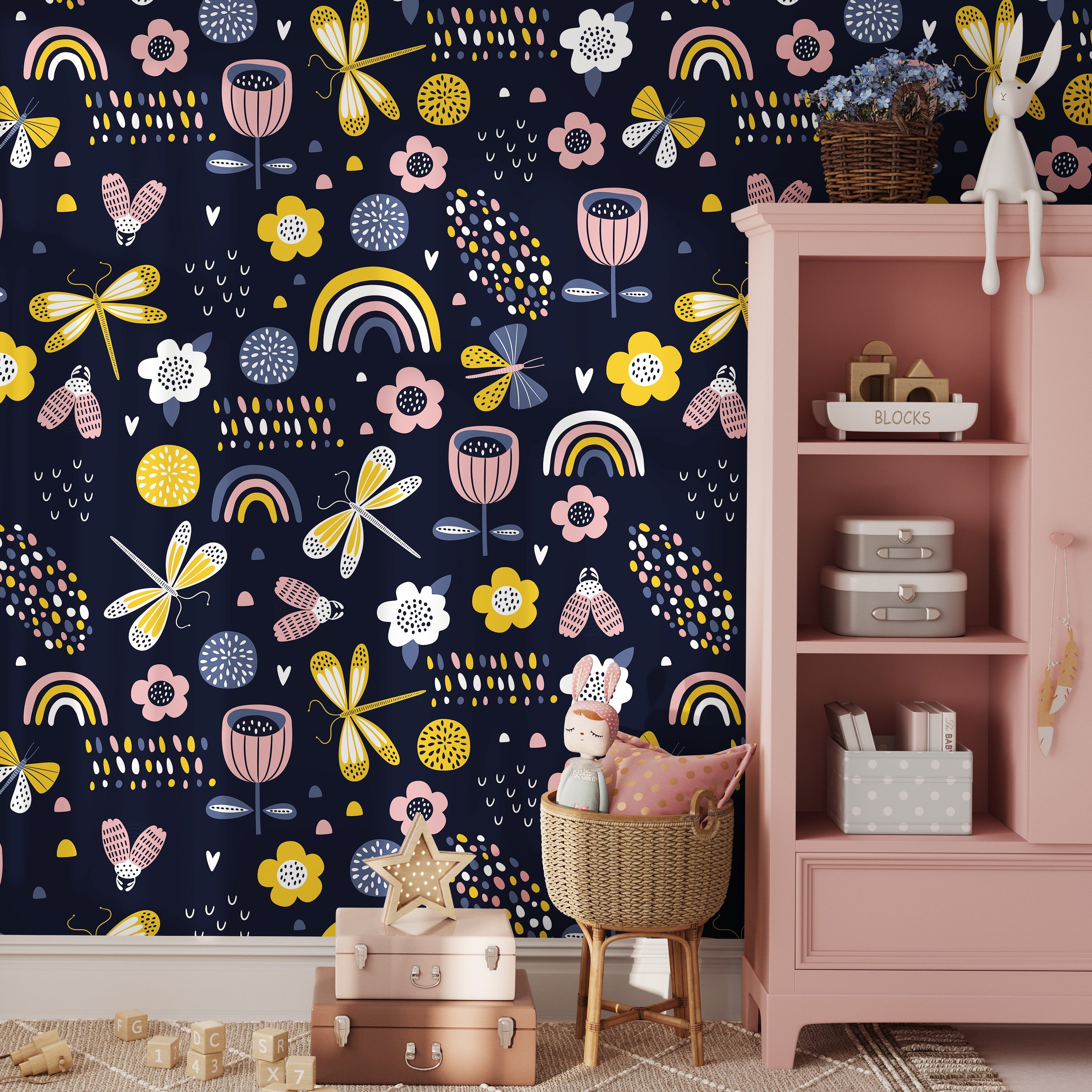 Kids Wallpaper With Dragonflies, Rainbows, And Flowers In Yellow, Pink, And Blue - B522