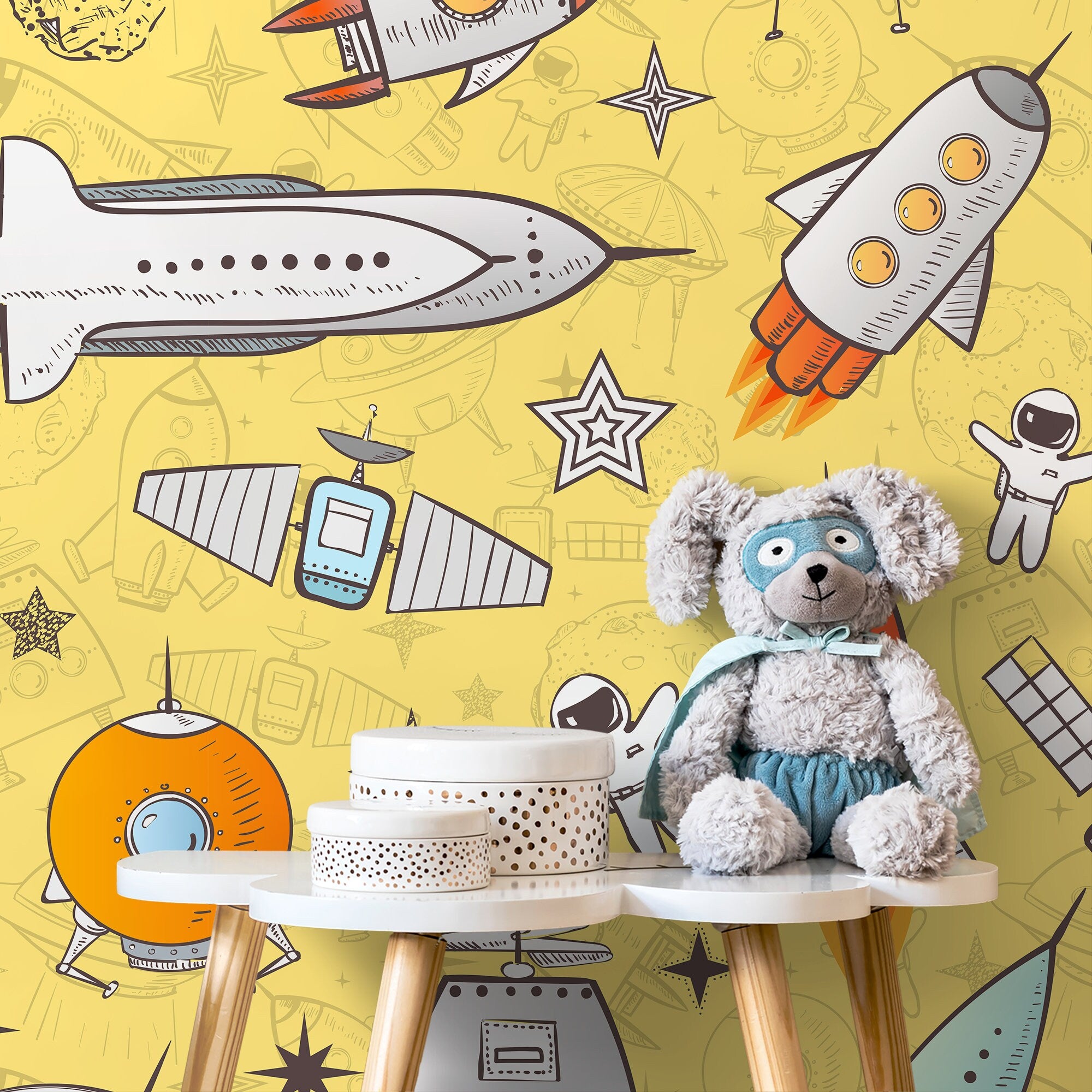 Kids Wallpaper With A Doodle Spaceship Motif In Yellow, Blue, And Orange - B539