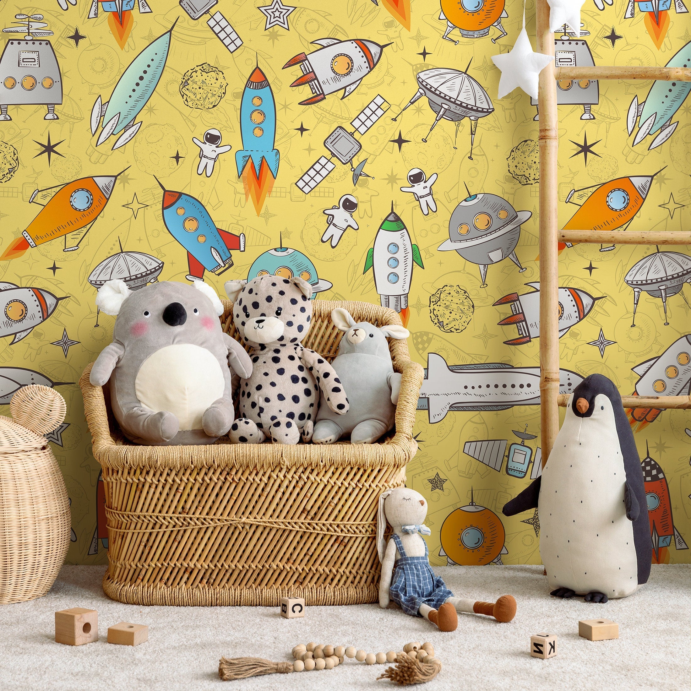 Kids Wallpaper With A Doodle Spaceship Motif In Yellow, Blue, And Orange - B539
