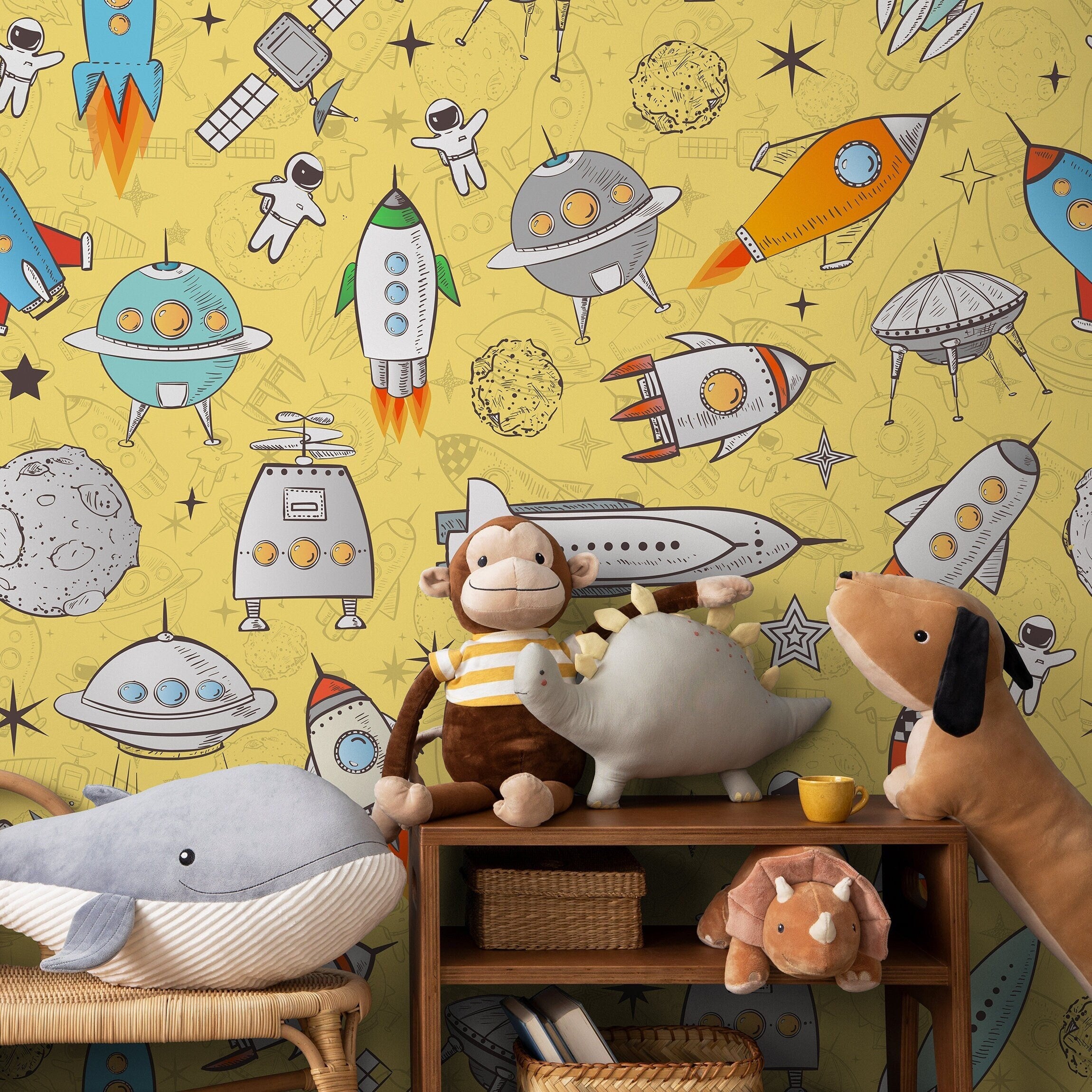 Kids Wallpaper With A Doodle Spaceship Motif In Yellow, Blue, And Orange - B539