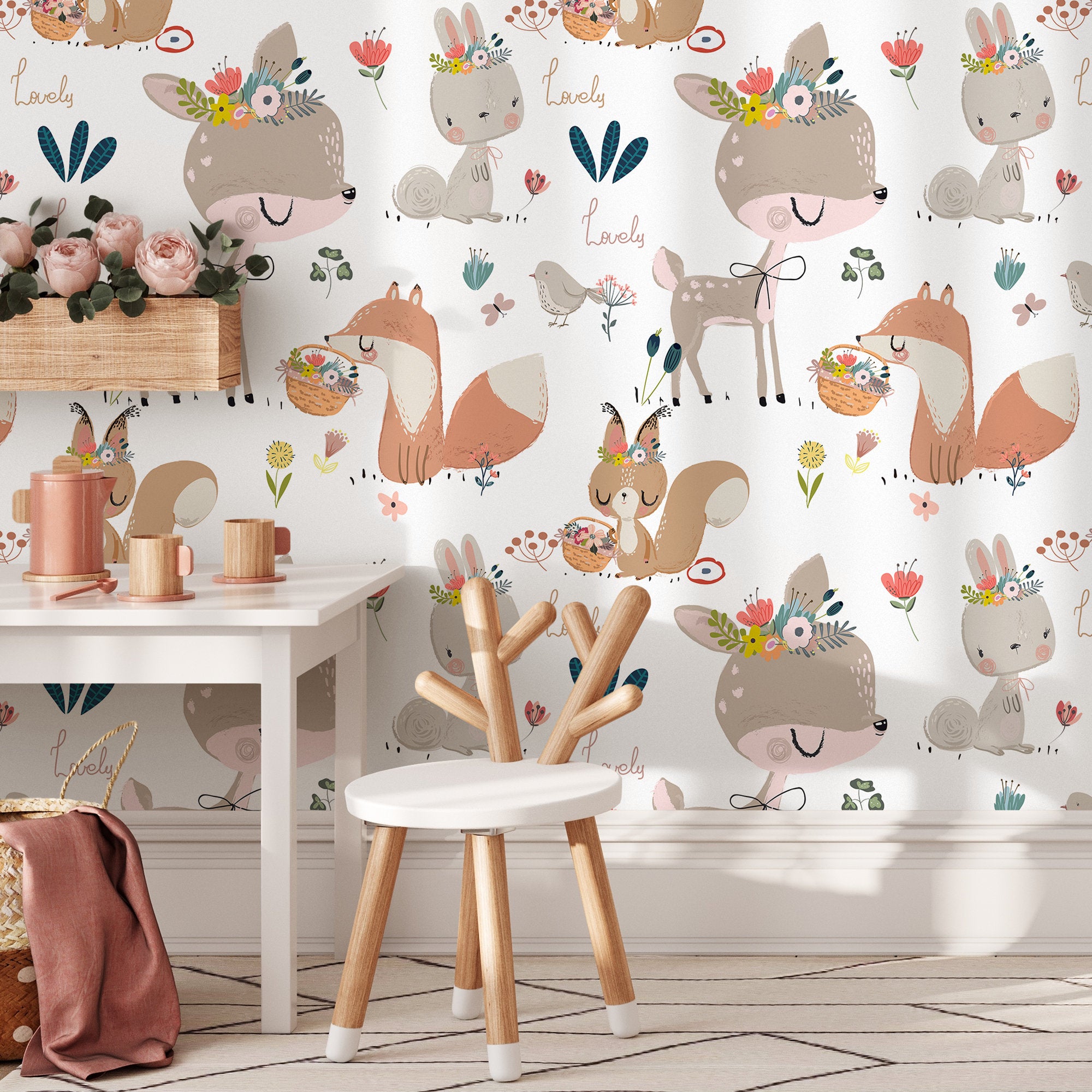 Animal Wallpaper With Floral Woodland Creatures In Brown, Pink, And Teal - B547