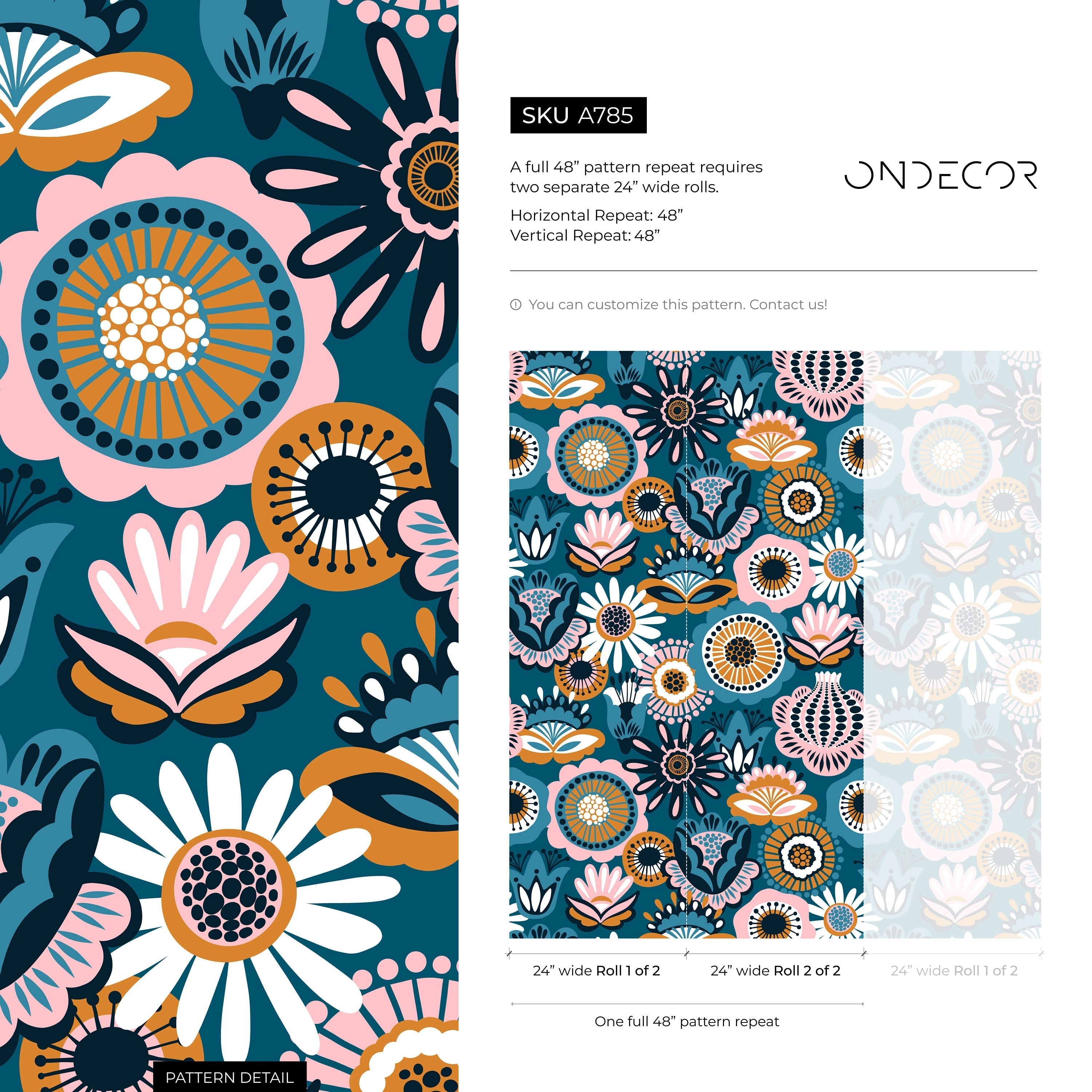 Floral Wallpaper With A Scandinavian Folk Art Motif In Teal, Pink, And Ochre - A785