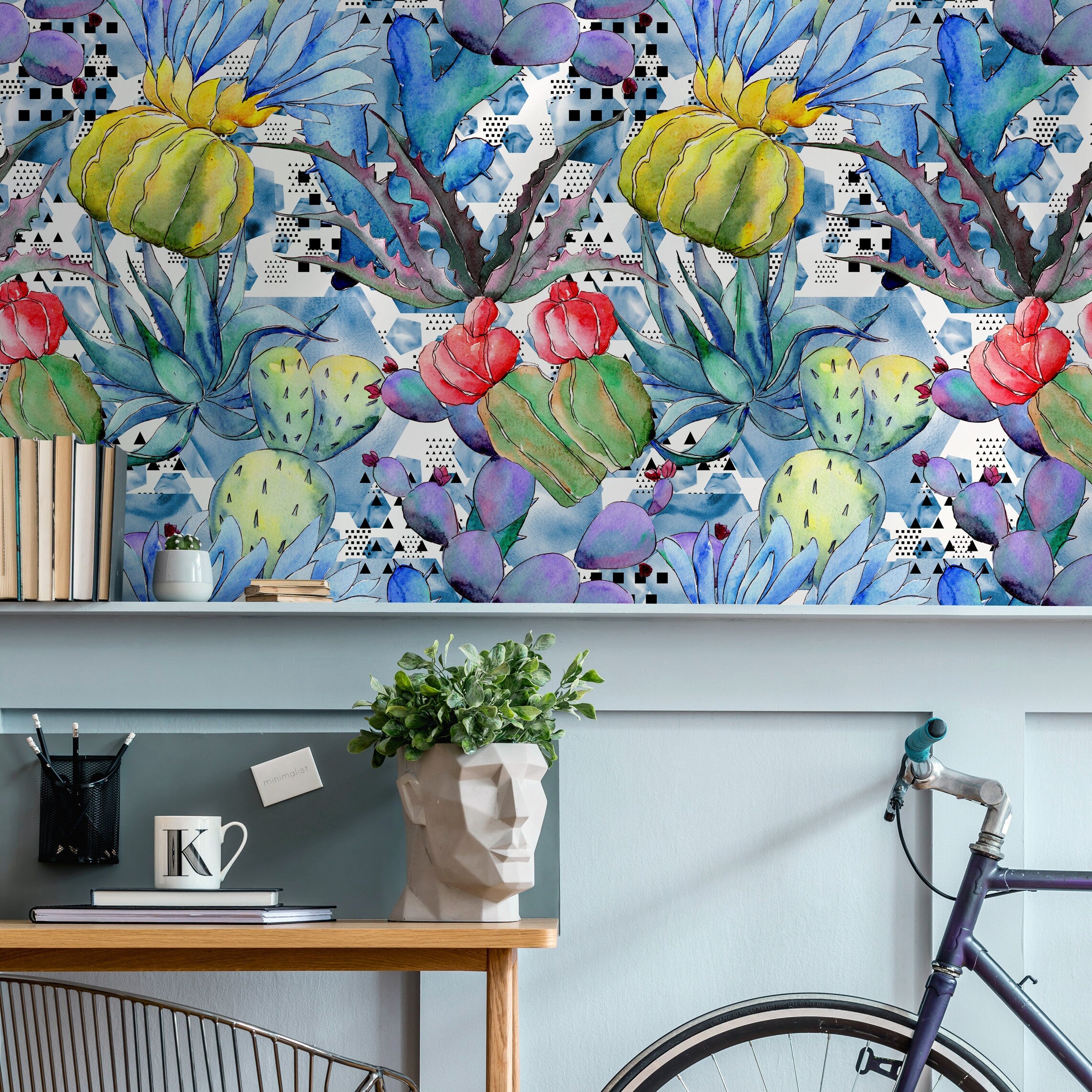 Abstract Botanical Wallpaper With Watercolor Cacti In Blue, Green, And Red - B010