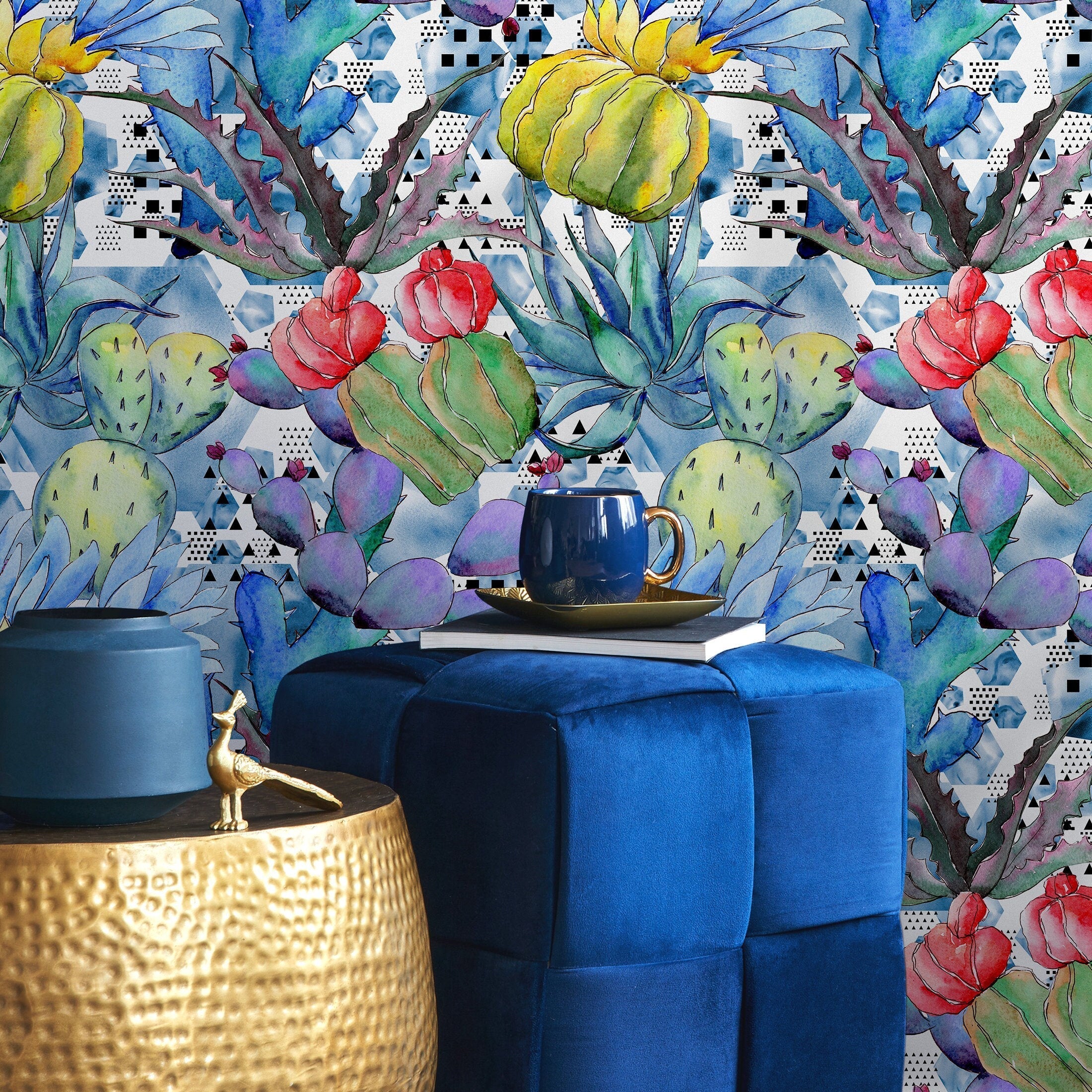 Abstract Botanical Wallpaper With Watercolor Cacti In Blue, Green, And Red - B010