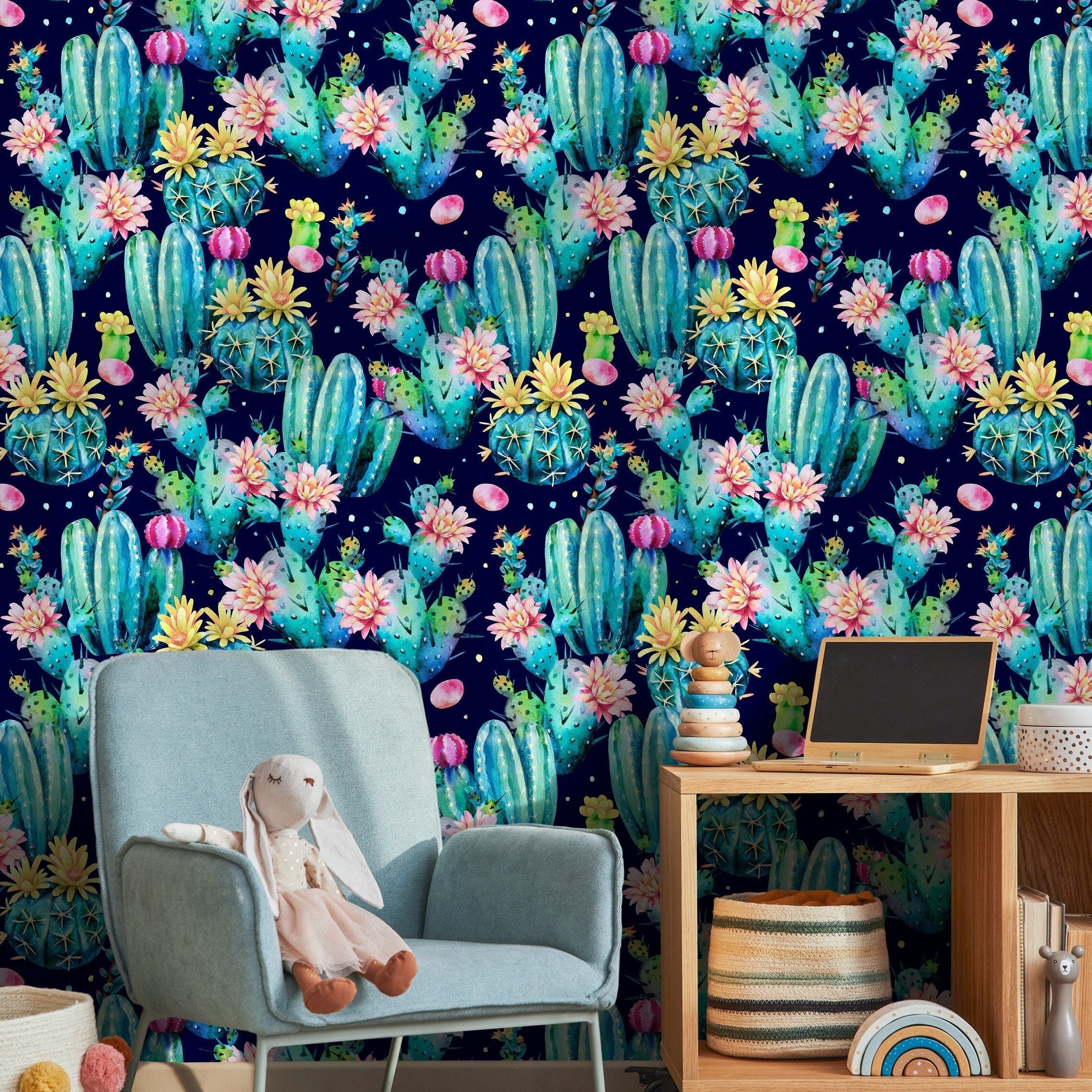 Botanical Wallpaper With A Blooming Cactus Motif In Teal, Pink, And Blue - B022