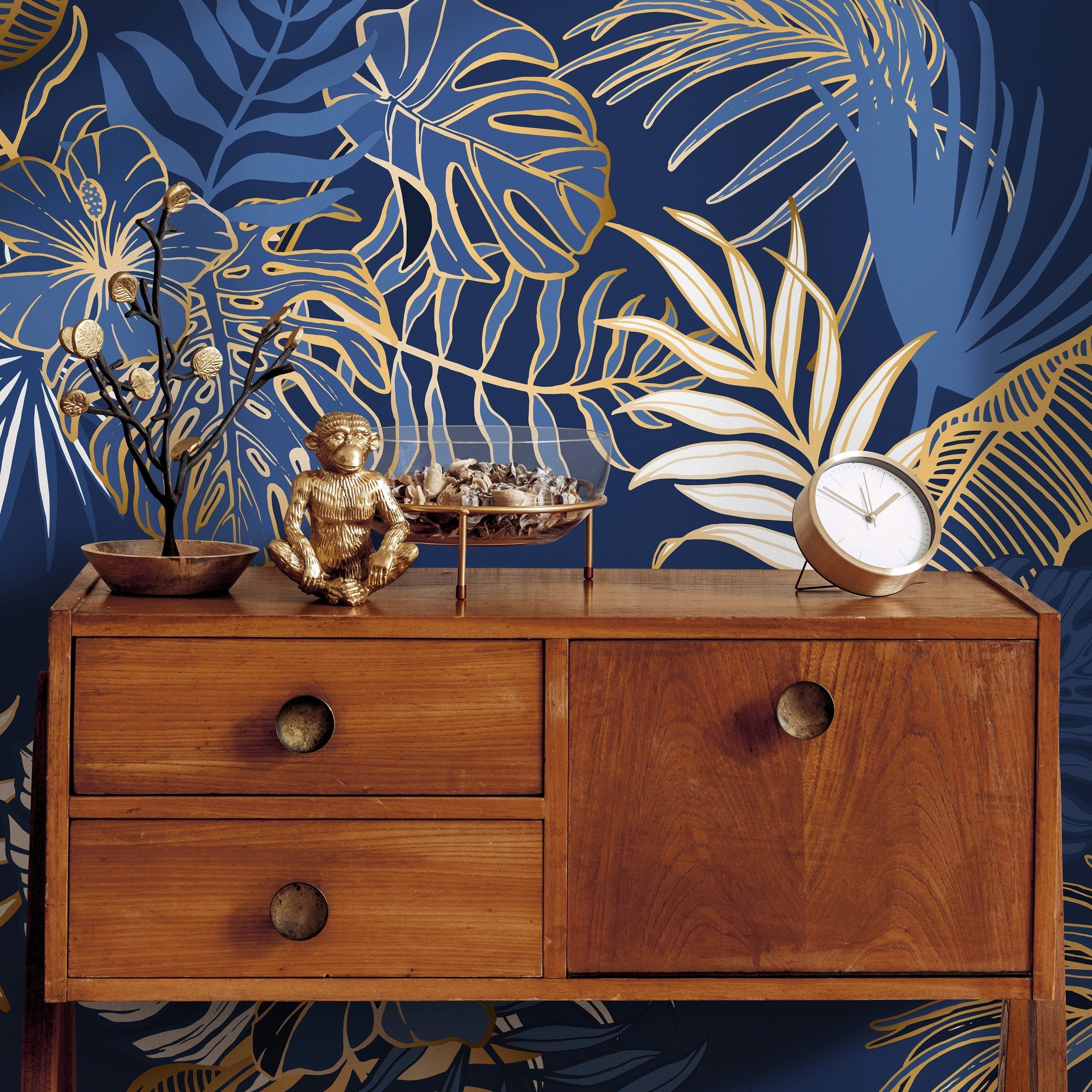 Tropical Wallpaper With Stylized Leaves And Hibiscus In Blue, White, And Gold - B024
