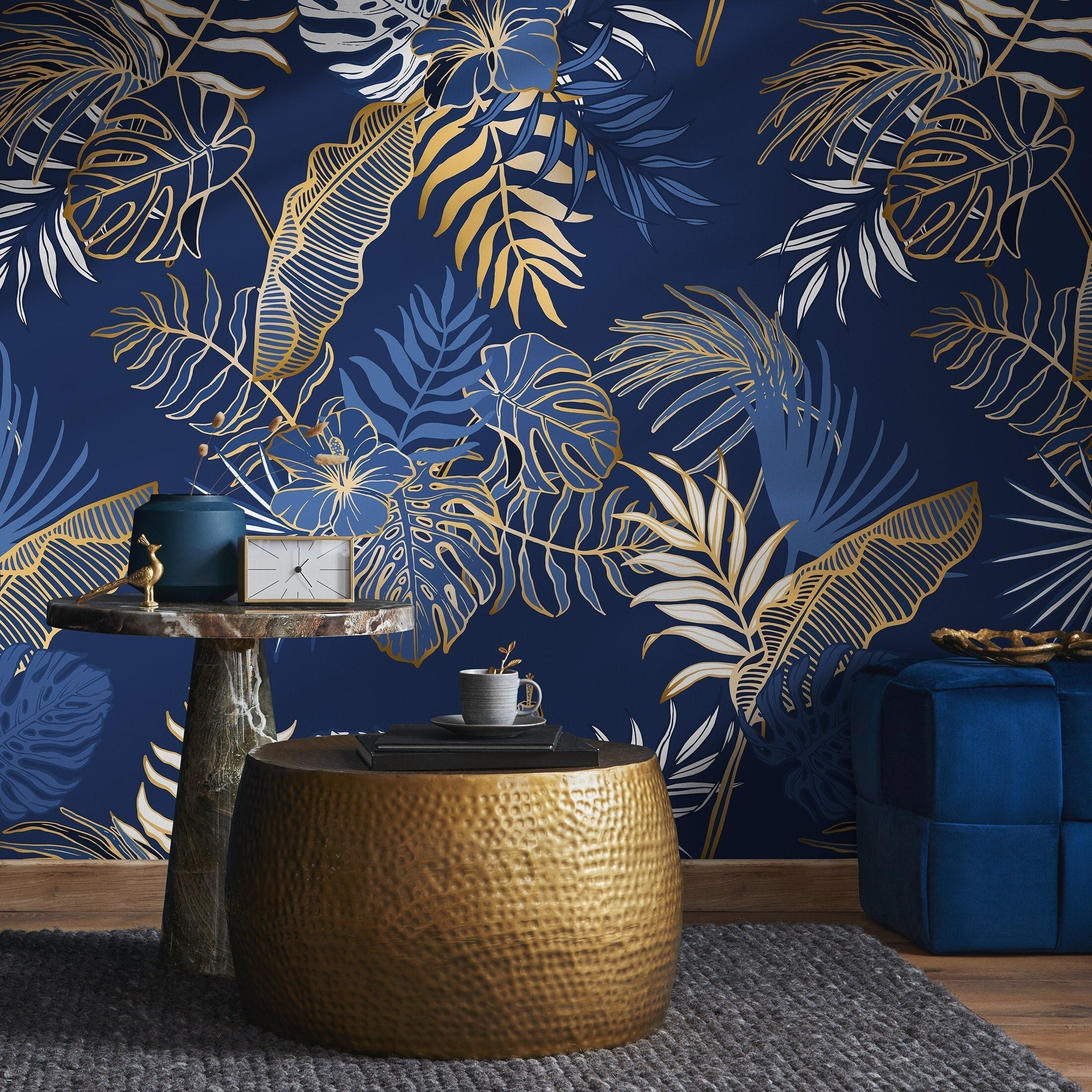 Tropical Wallpaper With Stylized Leaves And Hibiscus In Blue, White, And Gold - B024