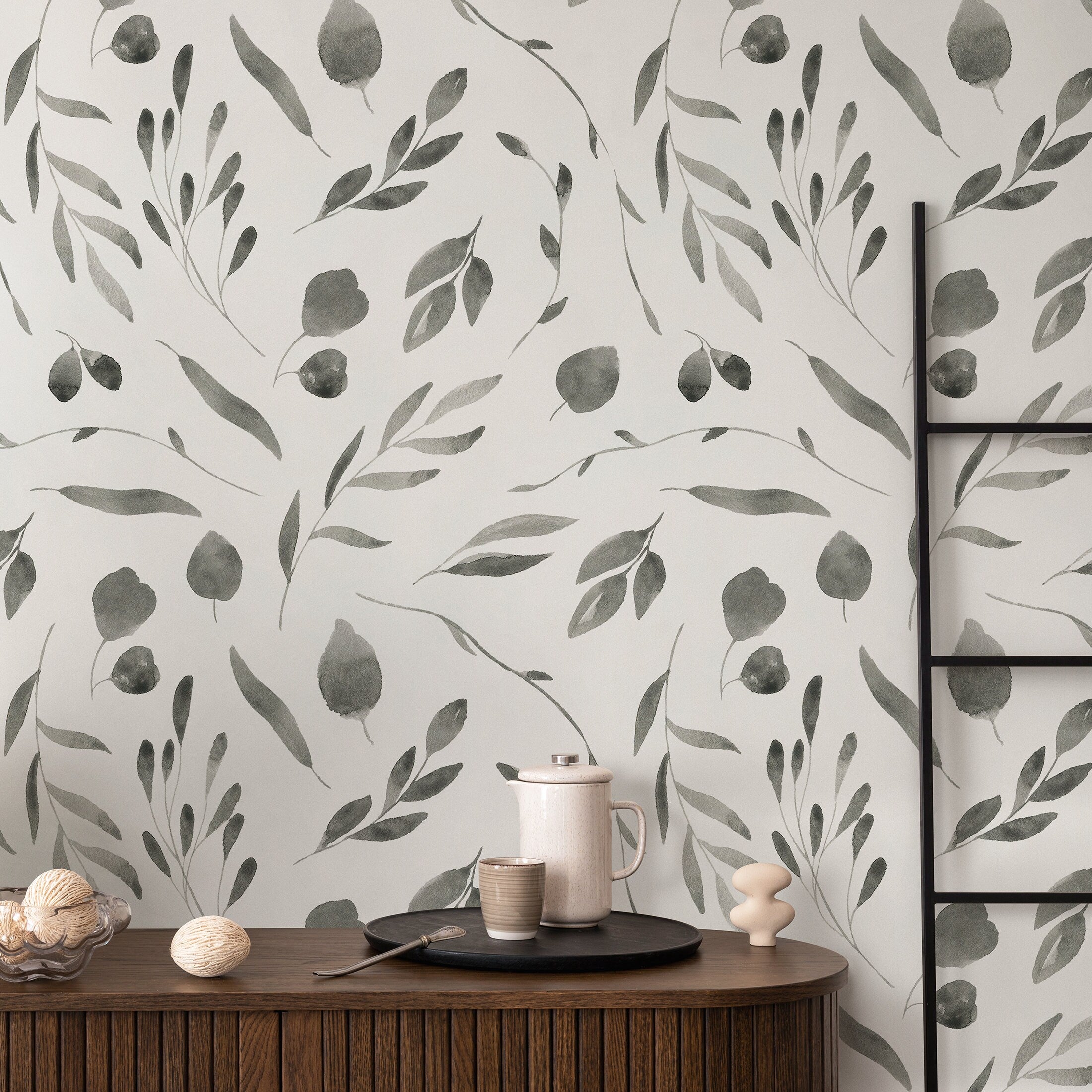 Botanical Wallpaper With Watercolor Leaves In Gray - B028