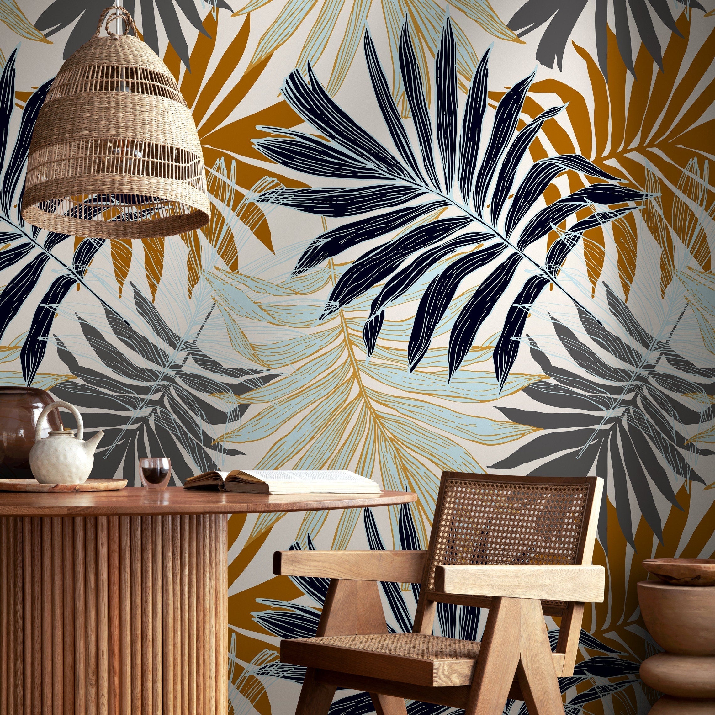 Botanical Wallpaper Featuring Overlapping Palm Leaves In Blue, Gold, And Grey - B070