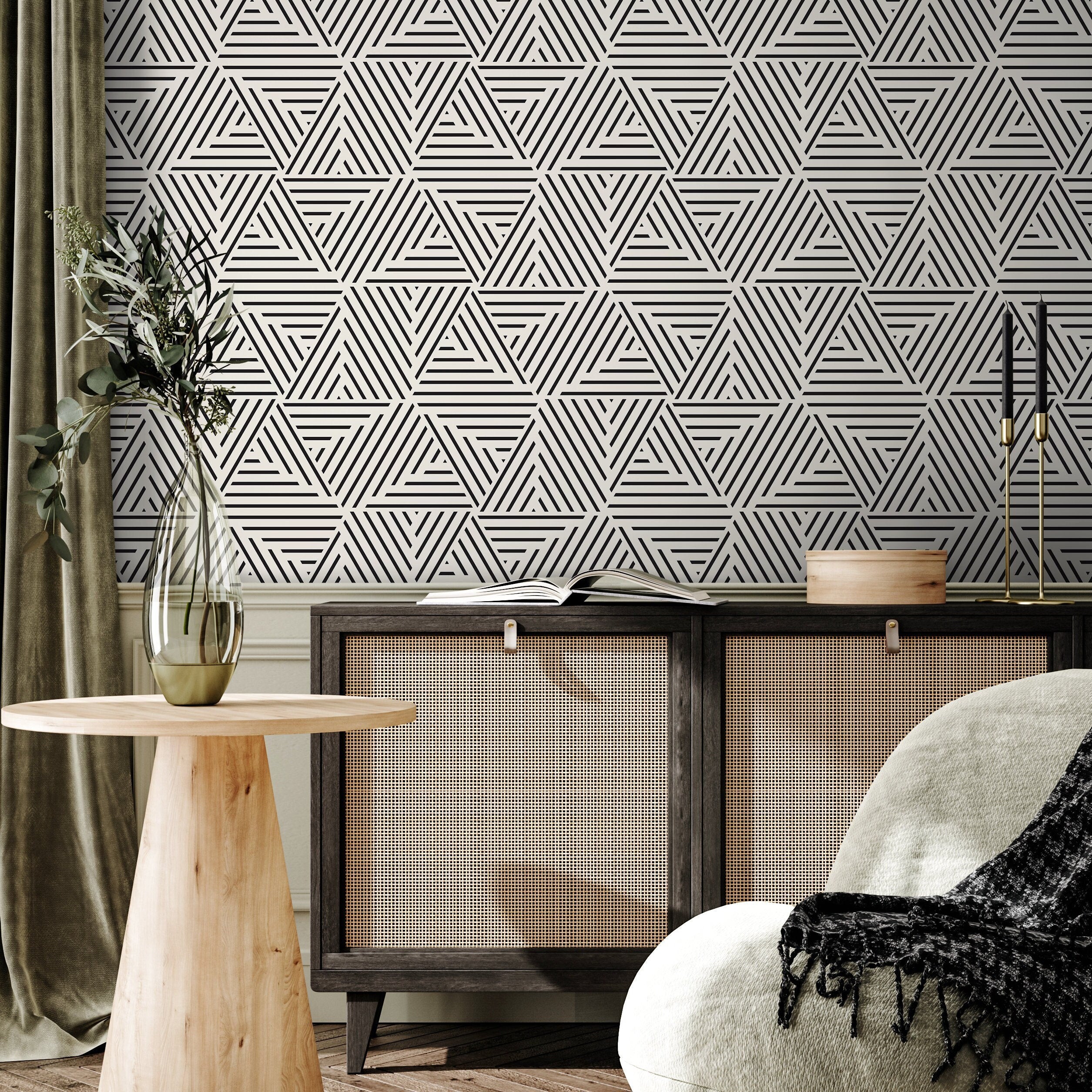 Geometric Wallpaper With A Striped Triangle Motif In Black And White - B077