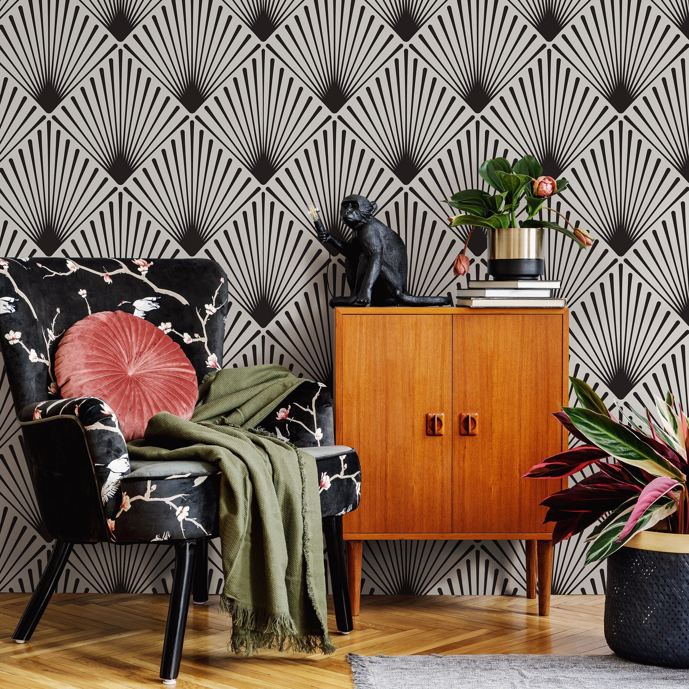 Art Deco Wallpaper With A Radiating Fan Motif In Black And Gray - B078