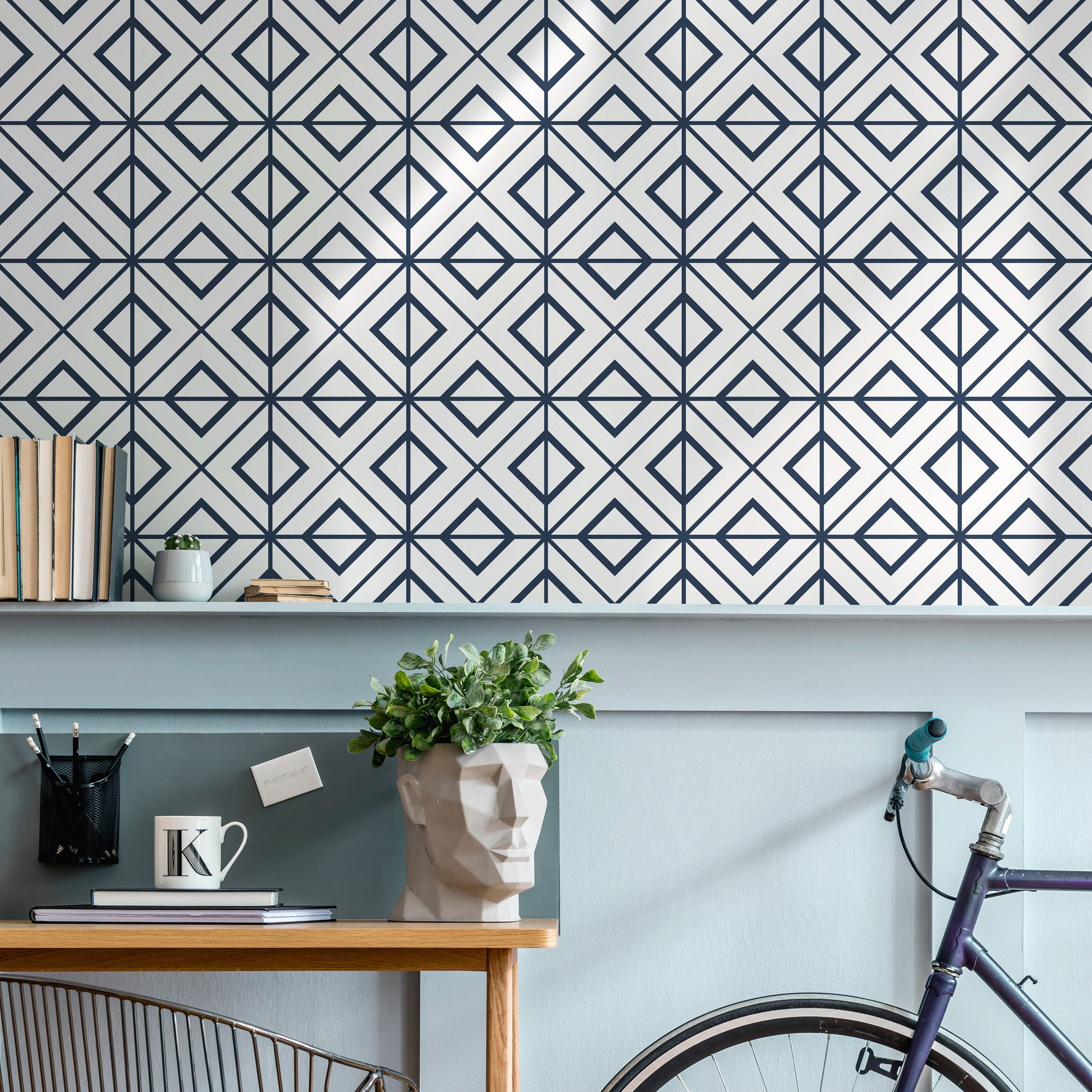 Geometric Wallpaper With An Interlocking Diamond Motif In Dark Blue And Gray - B102