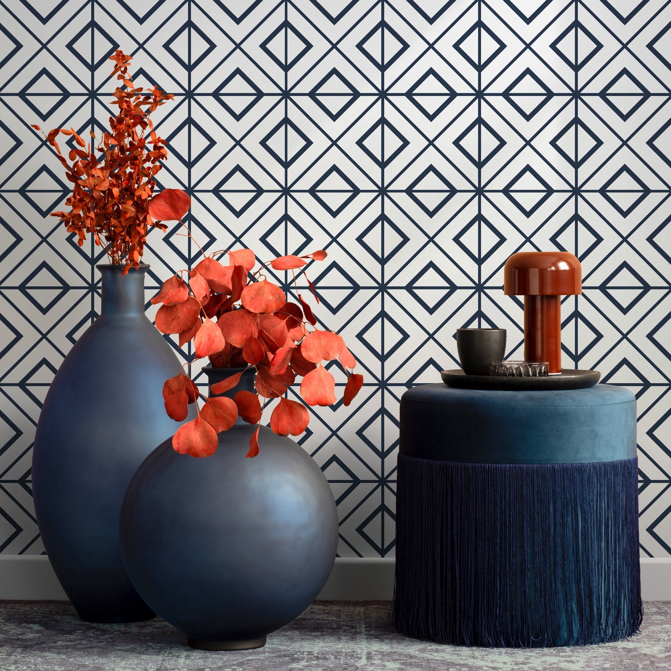 Geometric Wallpaper With An Interlocking Diamond Motif In Dark Blue And Gray - B102