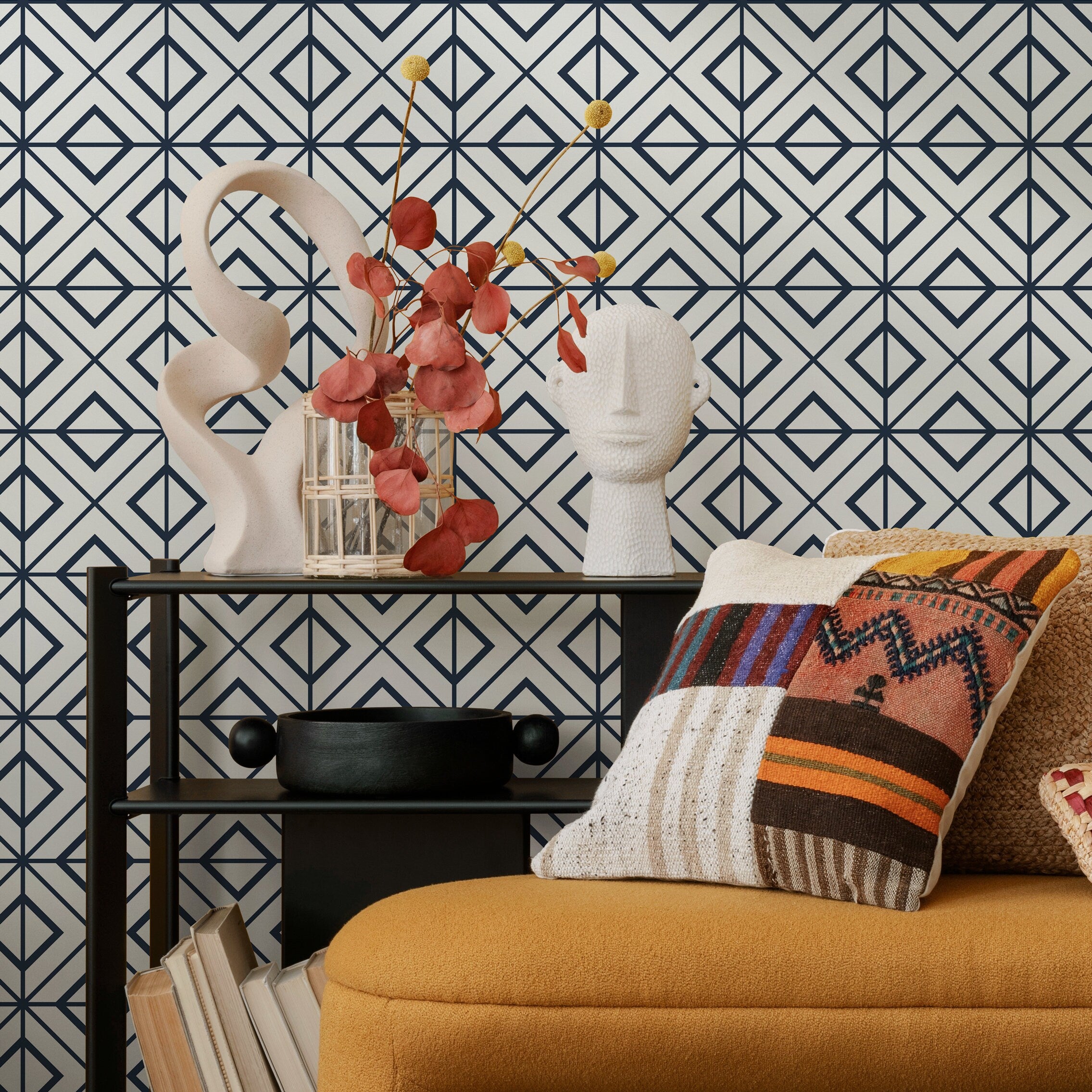Geometric Wallpaper With An Interlocking Diamond Motif In Dark Blue And Gray - B102
