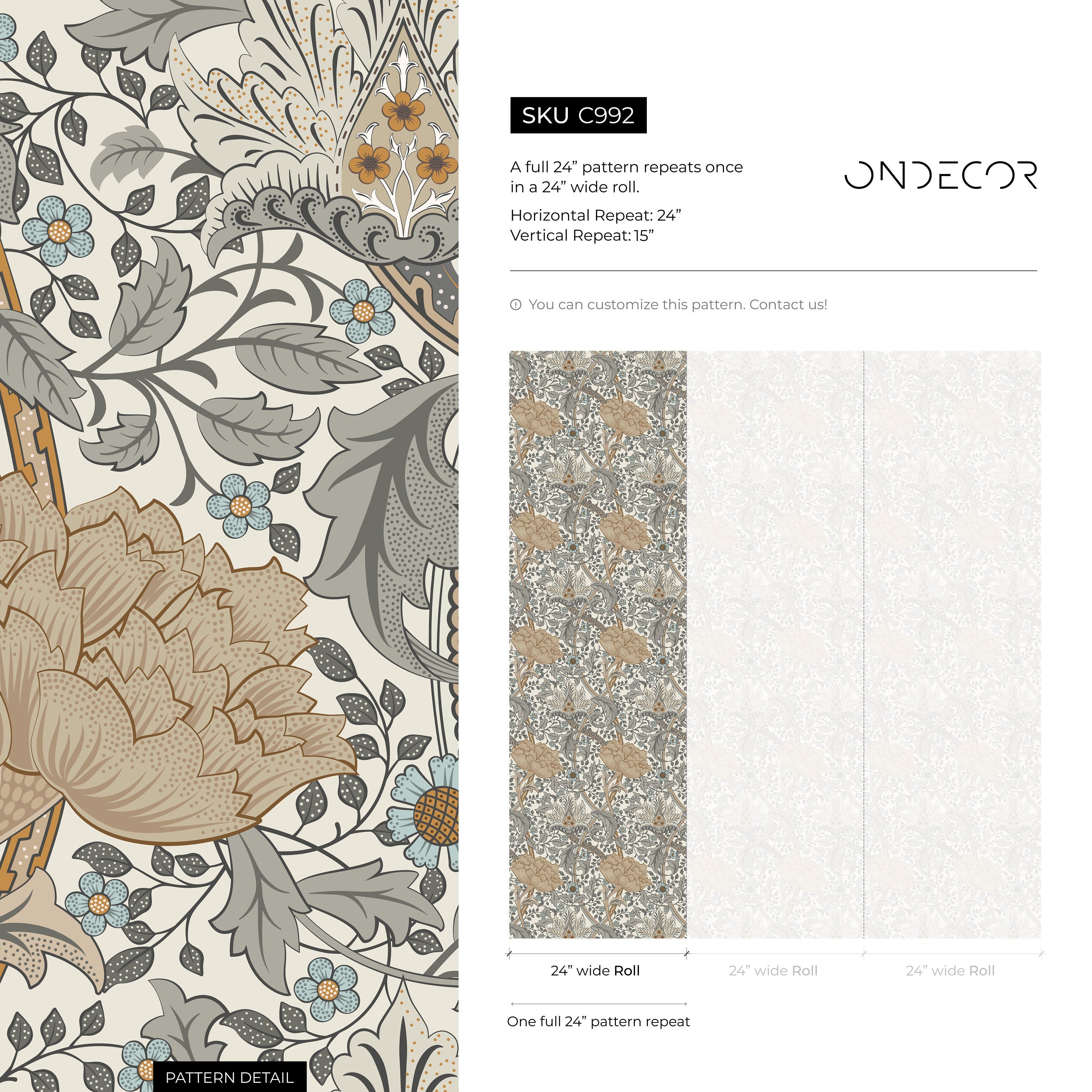 Art Nouveau Wallpaper With A Vintage Floral Motif In Beige, Gray, And Blue - C992