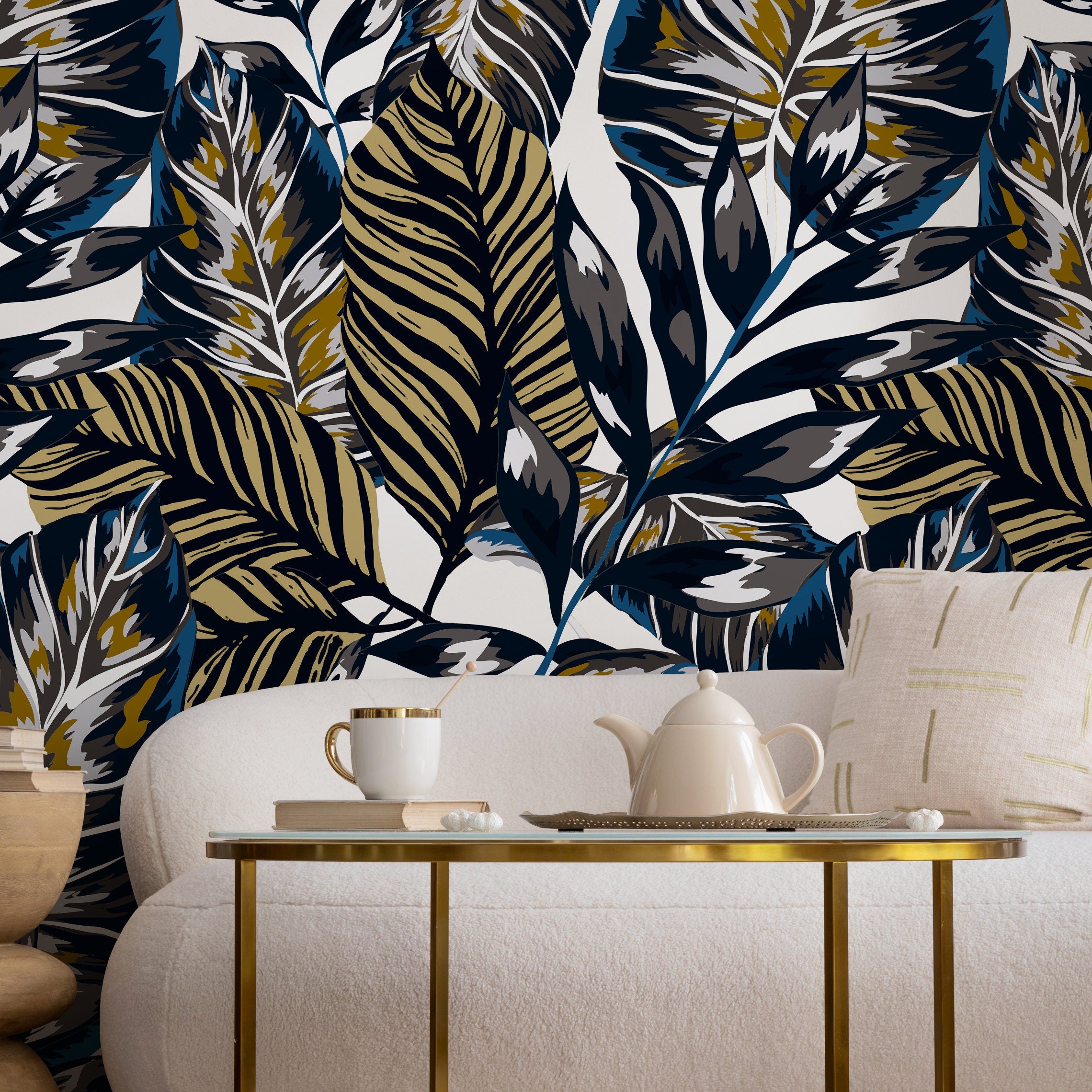 Botanical Wallpaper Featuring Bold Tropical Leaves In Blue, Gold, And Grey - B134