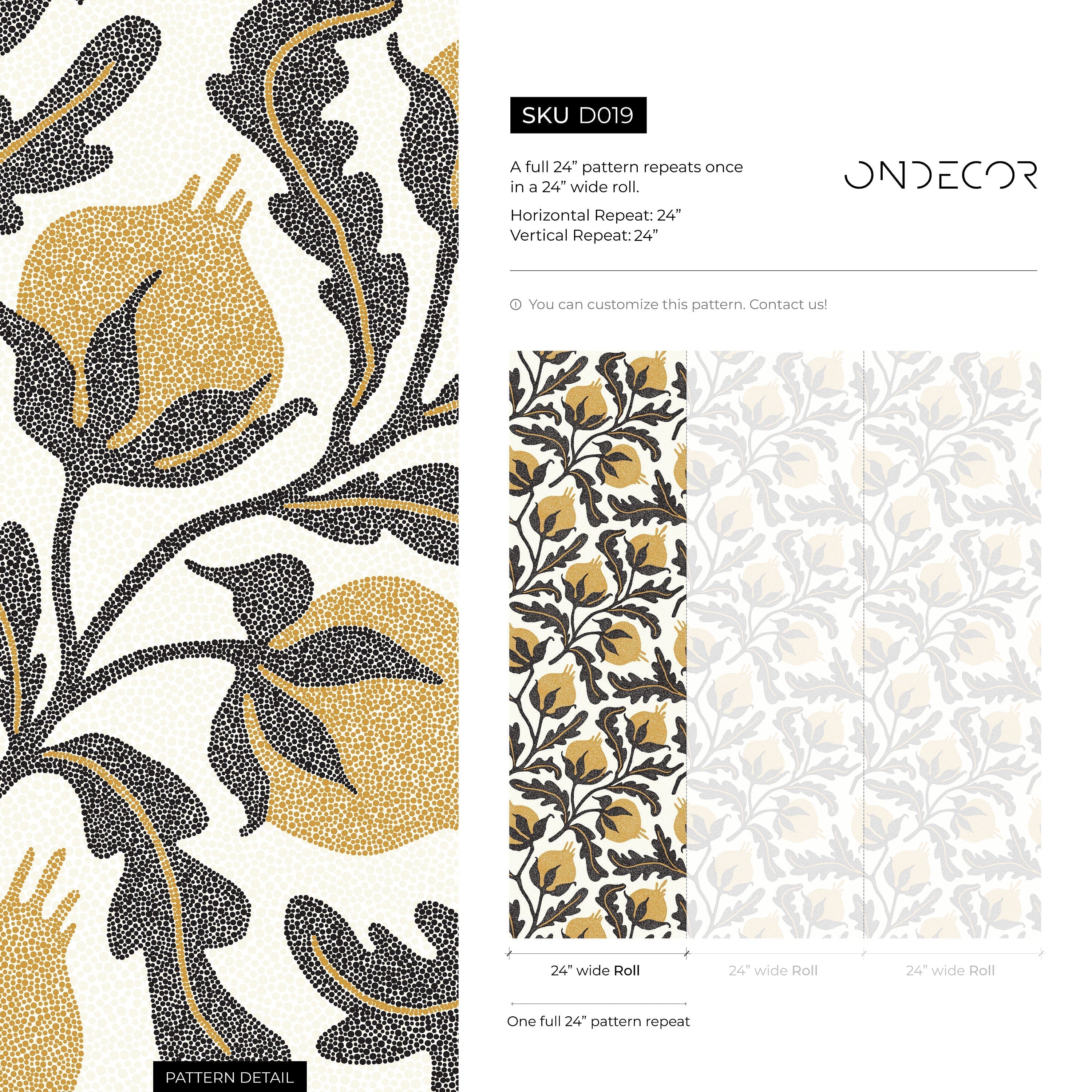 Vintage Wallpaper With A Stippled Pomegranate Motif In Yellow And Charcoal - D019